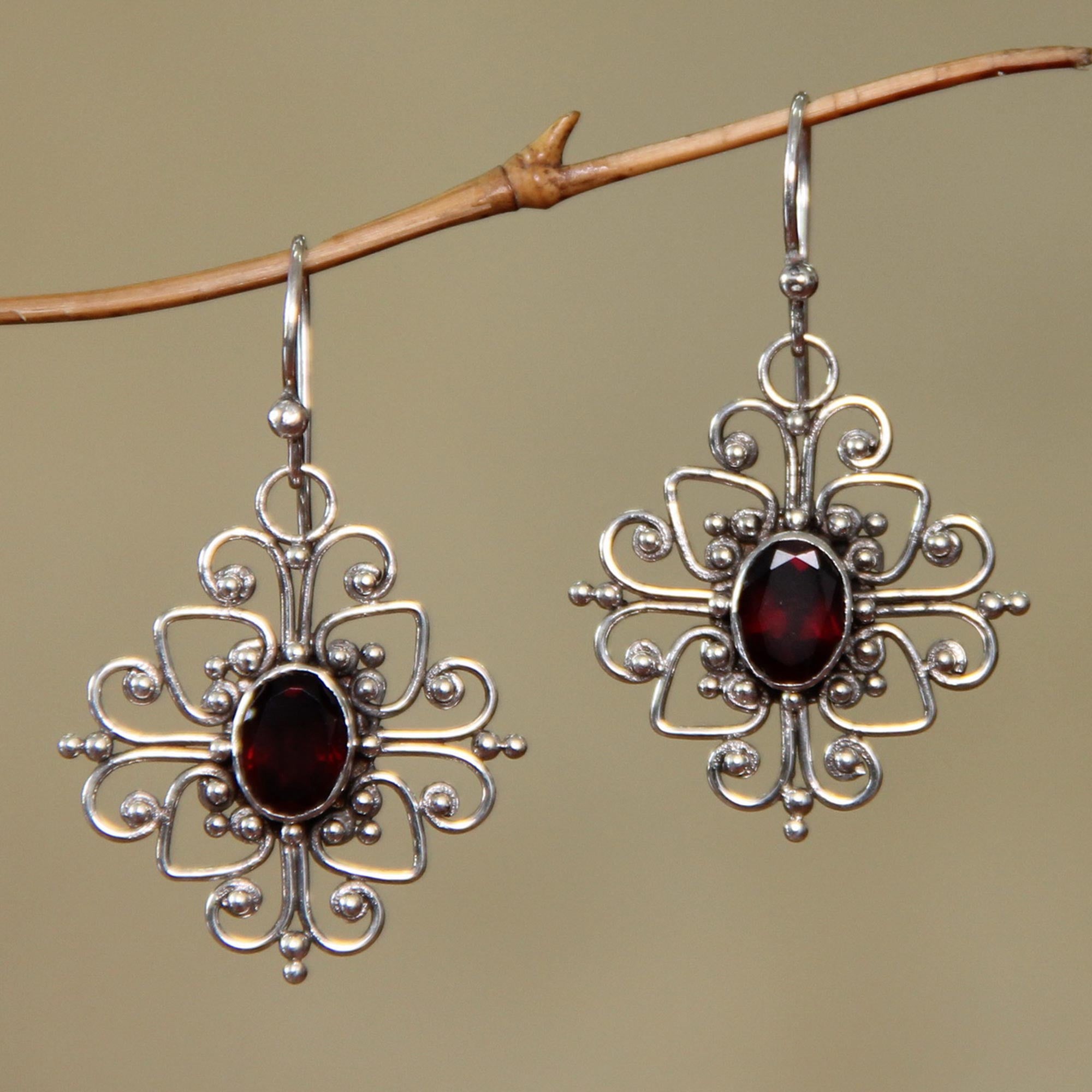 Premium Radiant Blossom Handcrafted Garnet & Sterling Silver Dangle Earrings