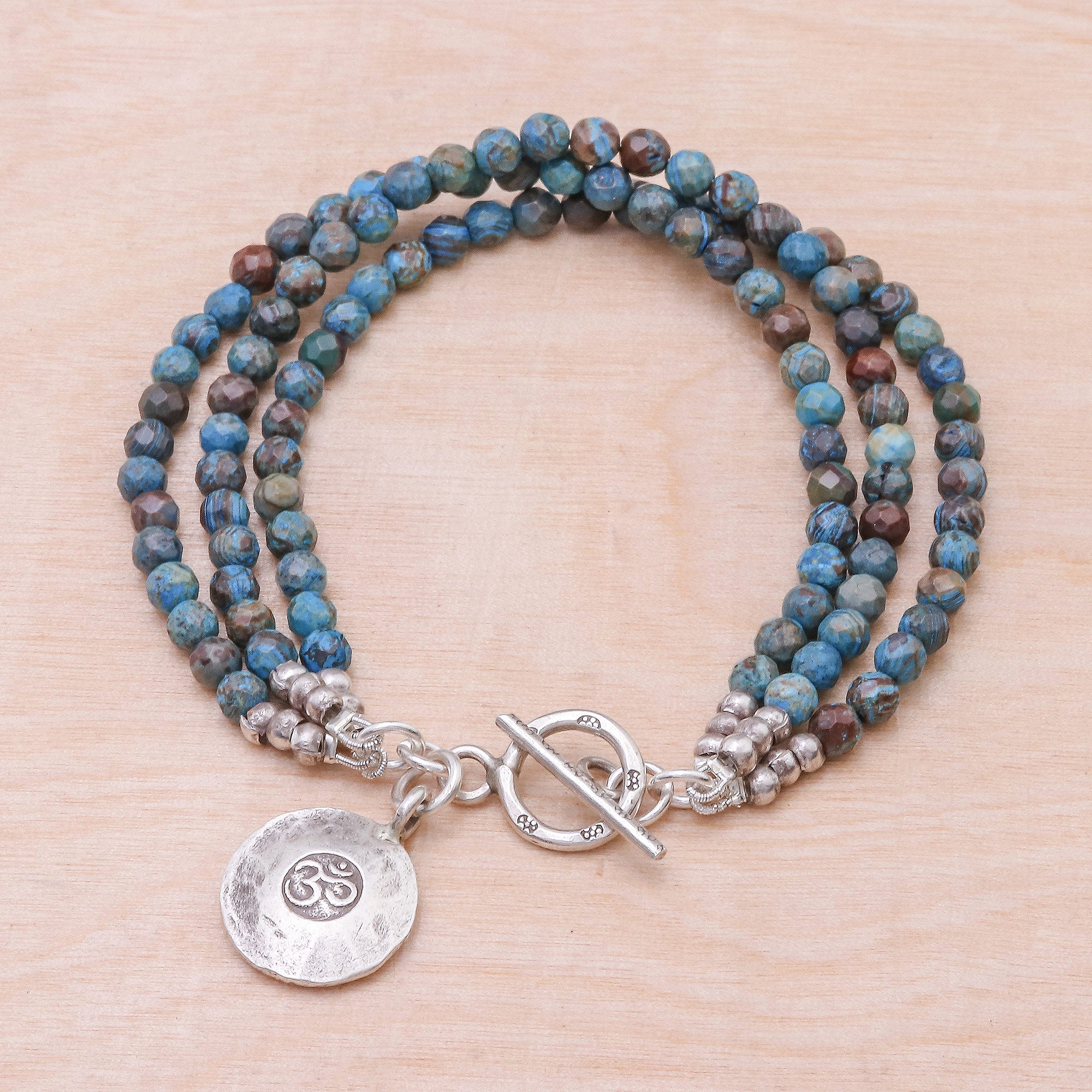 Premium Om Symbol Beaded Bracelet with Blue & Brown Jasper - Handcrafted Silver Charm