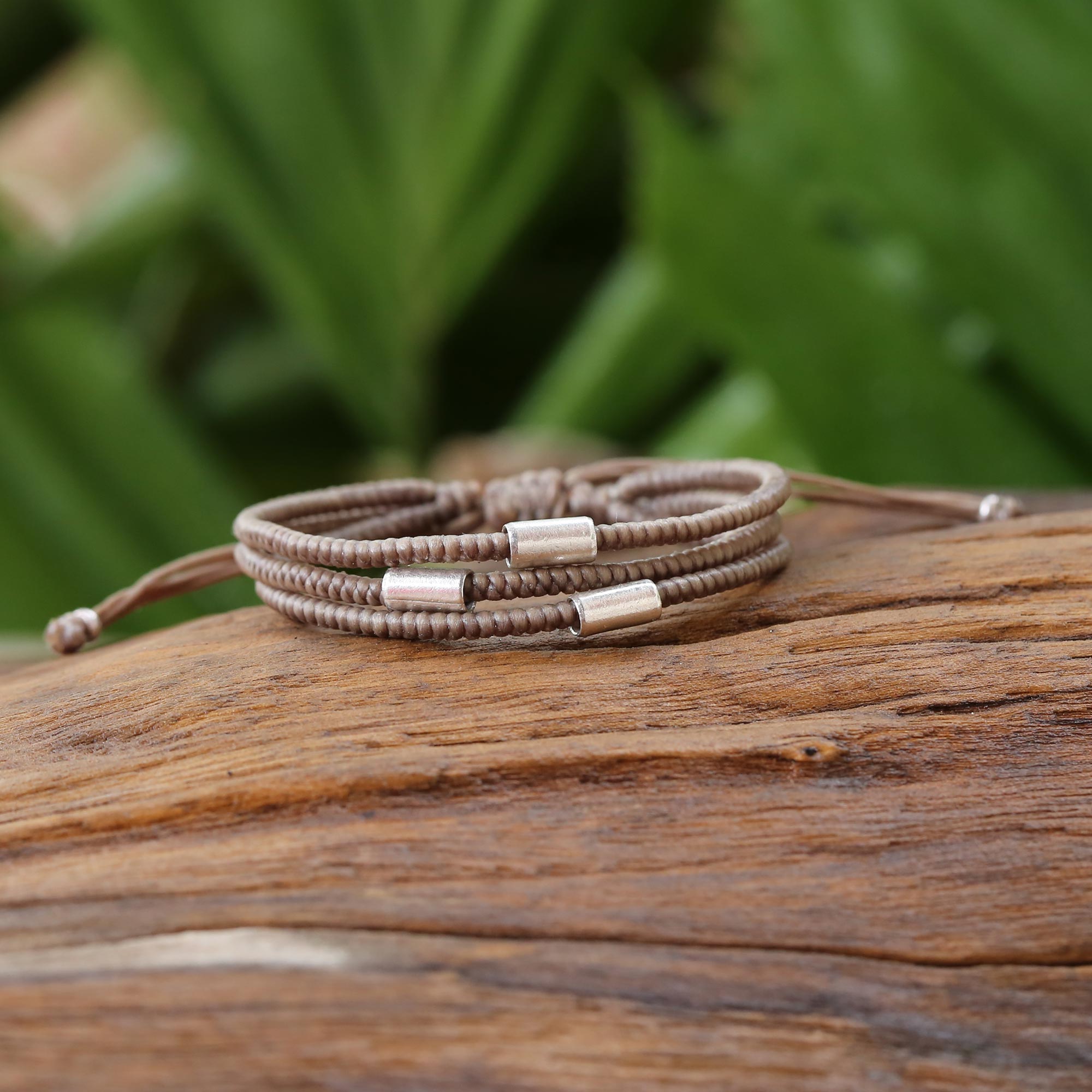 Premium Khaki Thai Silver Braided Bracelet - Handcrafted Hill Tribe Artistry