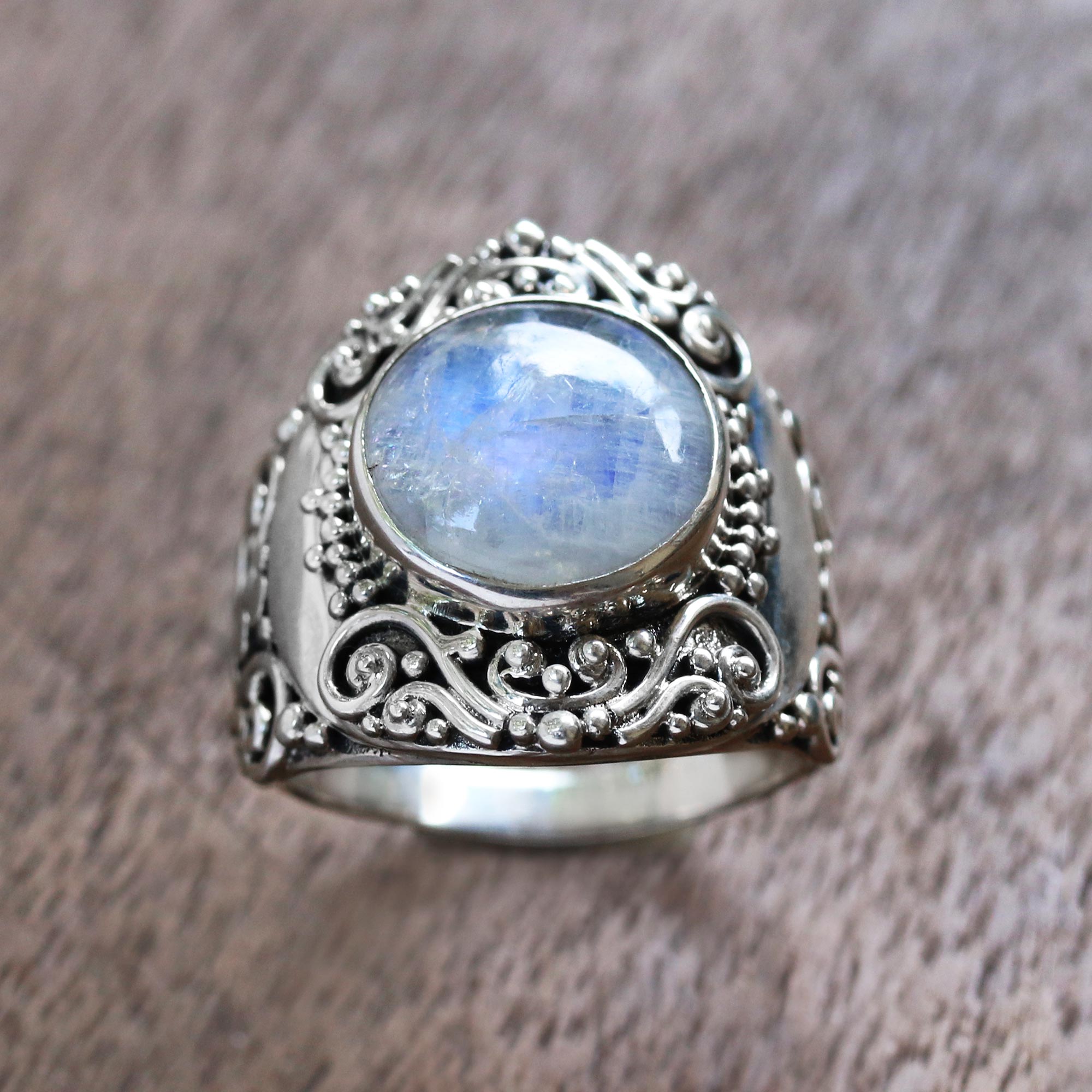 Premium Rainbow Moonstone Cocktail Ring – Handcrafted in Bali