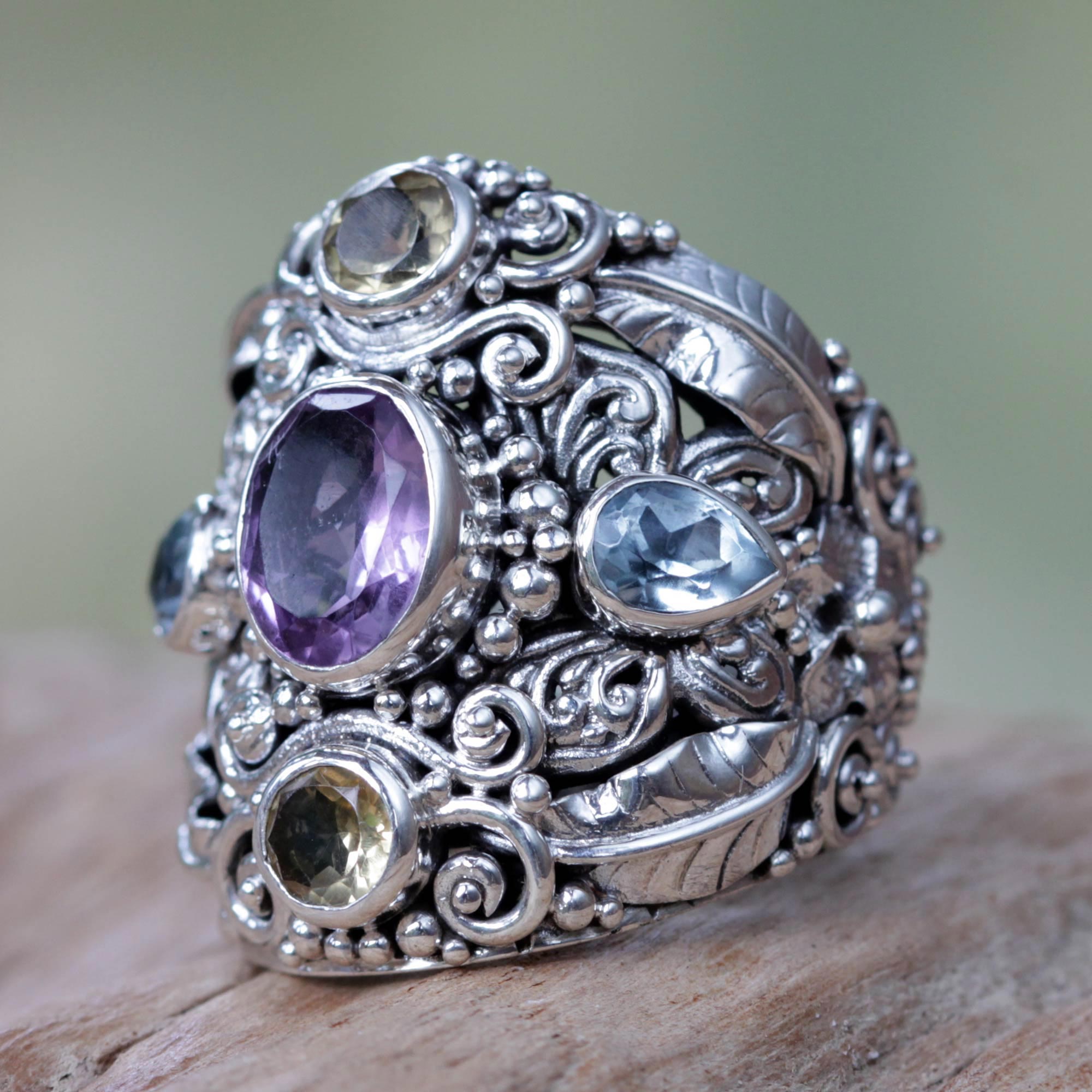 Premium Butterfly Queen Cocktail Ring: Amethyst & Blue Topaz Sterling Silver Design