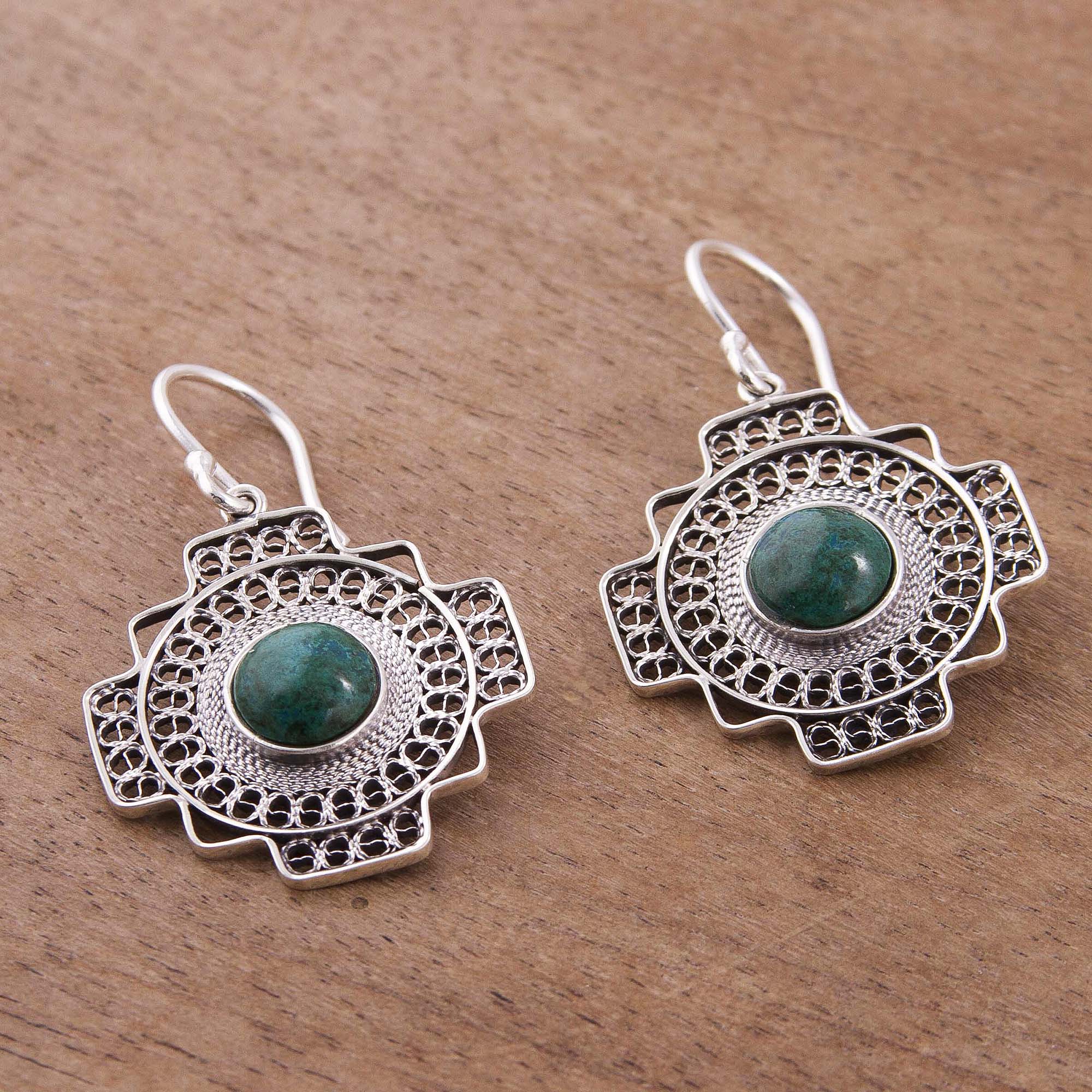 Premium Green Valley Chakana Cross Filigree Earrings - Handcrafted in Peru