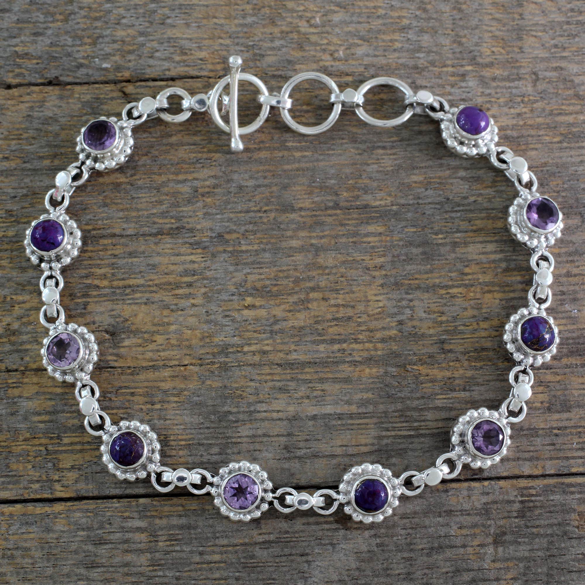 Premium Petite Floral Amethyst & Turquoise Sterling Silver Bracelet