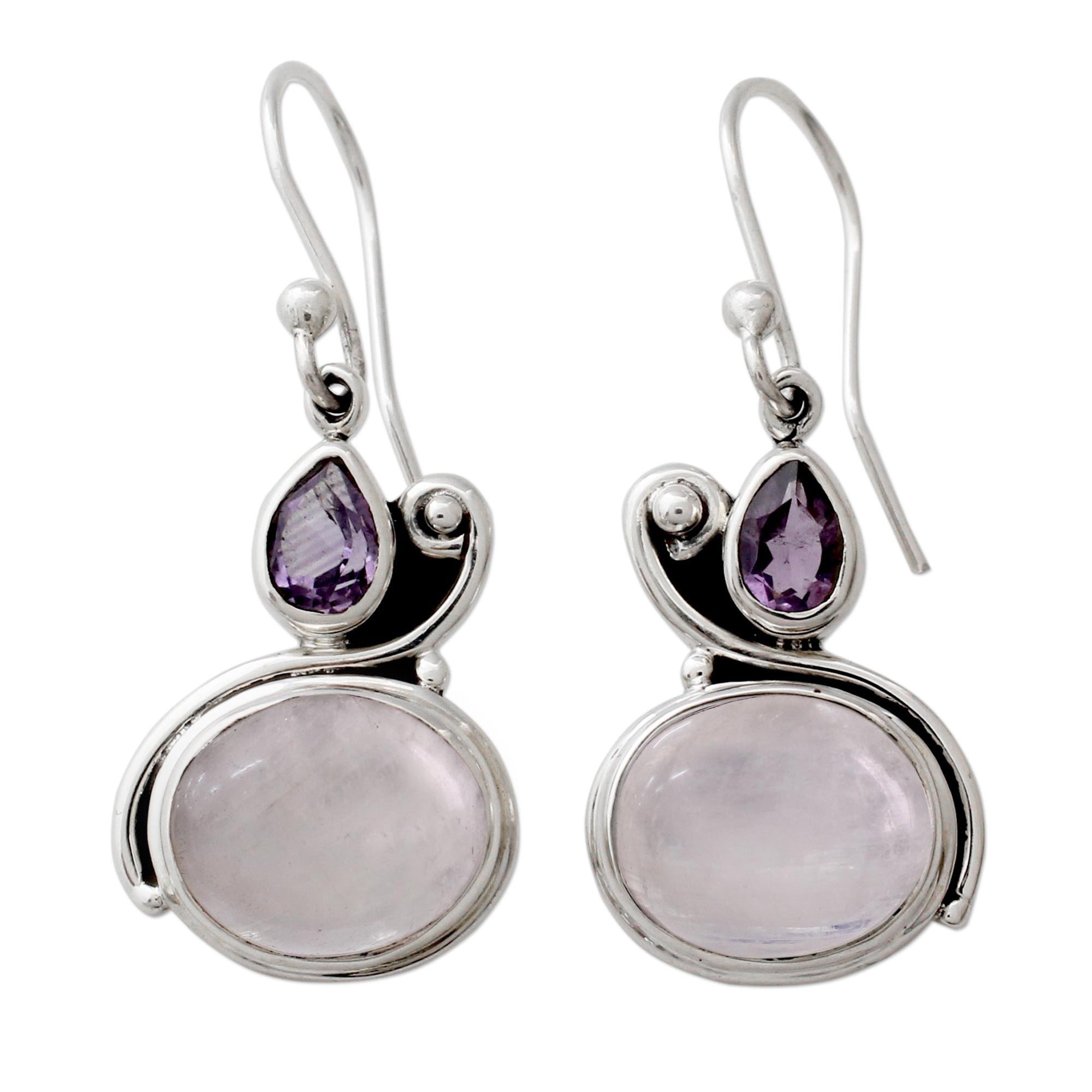 Premium Moonstone & Amethyst Dangle Earrings - Handcrafted Sterling Silver