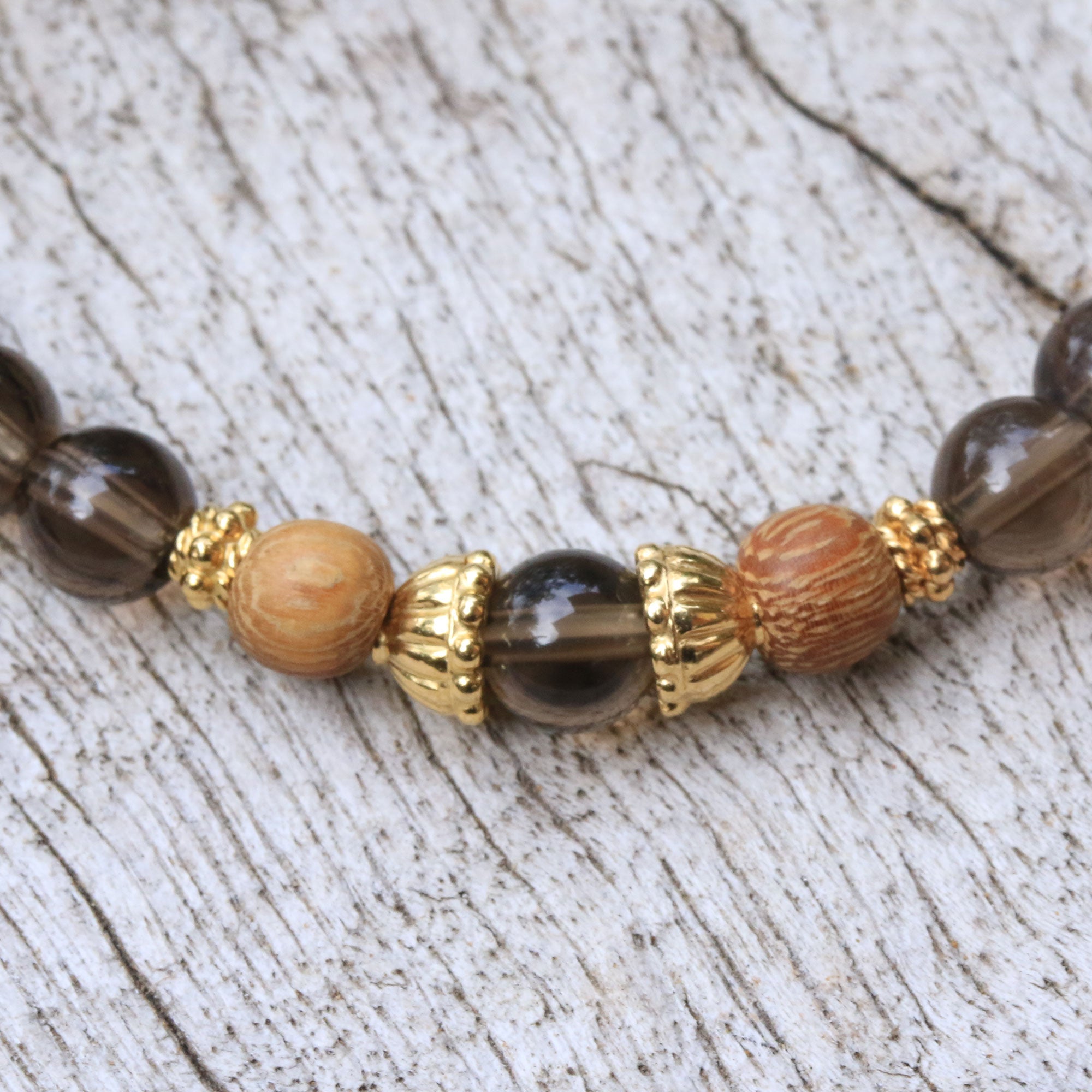 Premium Smoky Quartz Stretch Bracelet with Wood & Gold Accents