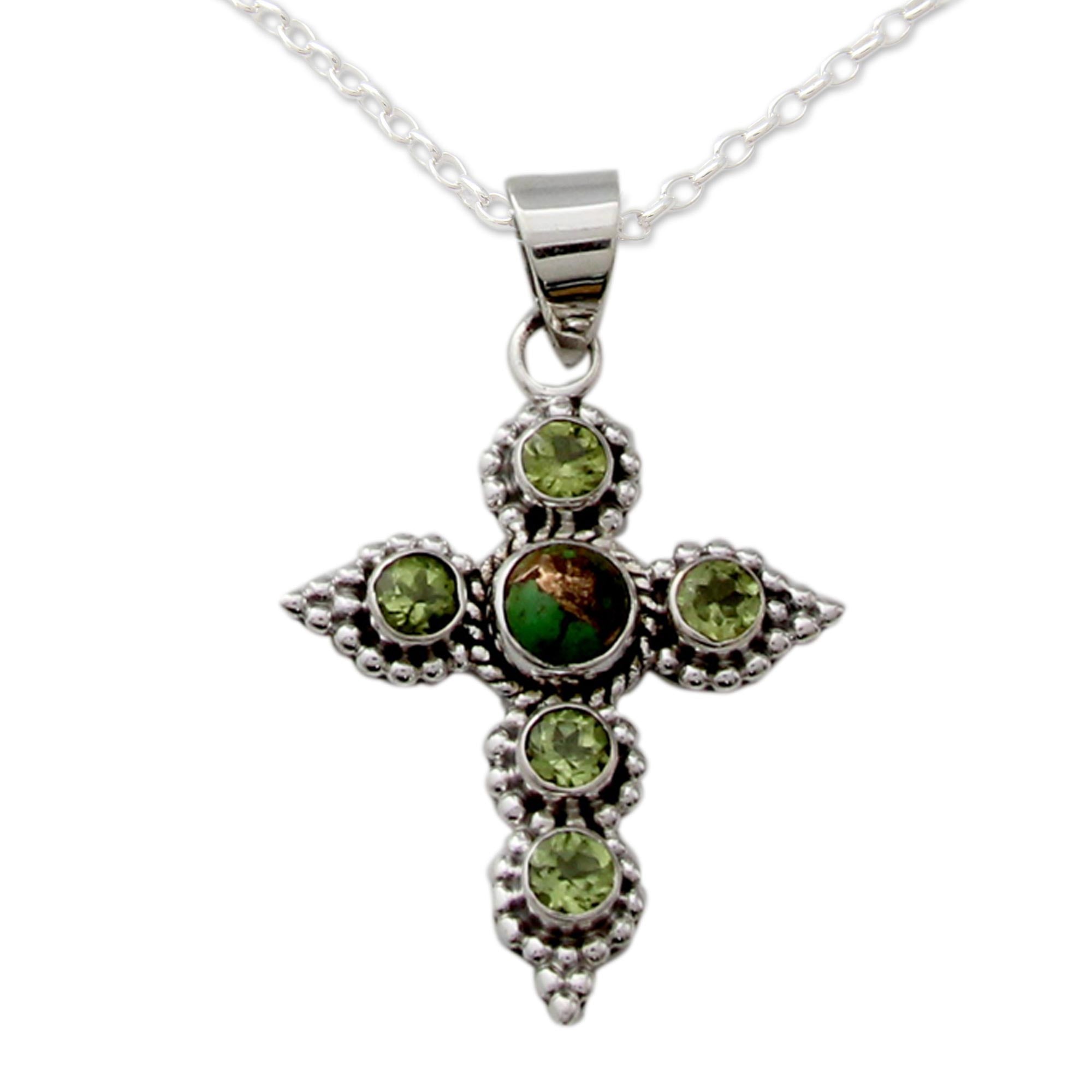 Premium Divine Harmony Artisan Crafted Peridot and Sterling Silver Cross Necklace