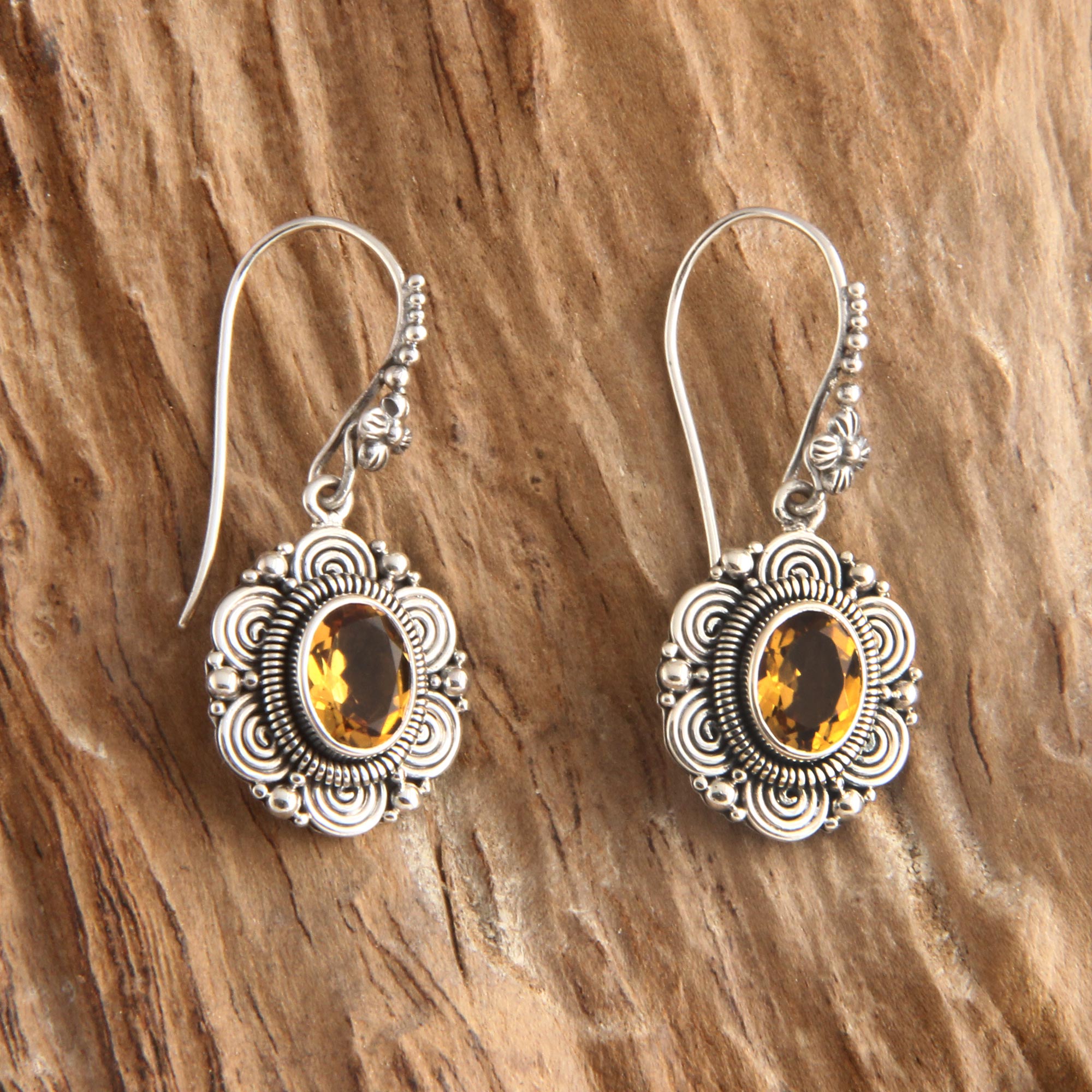 Premium Balinese Sunflower Sterling Silver Citrine Dangle Earrings