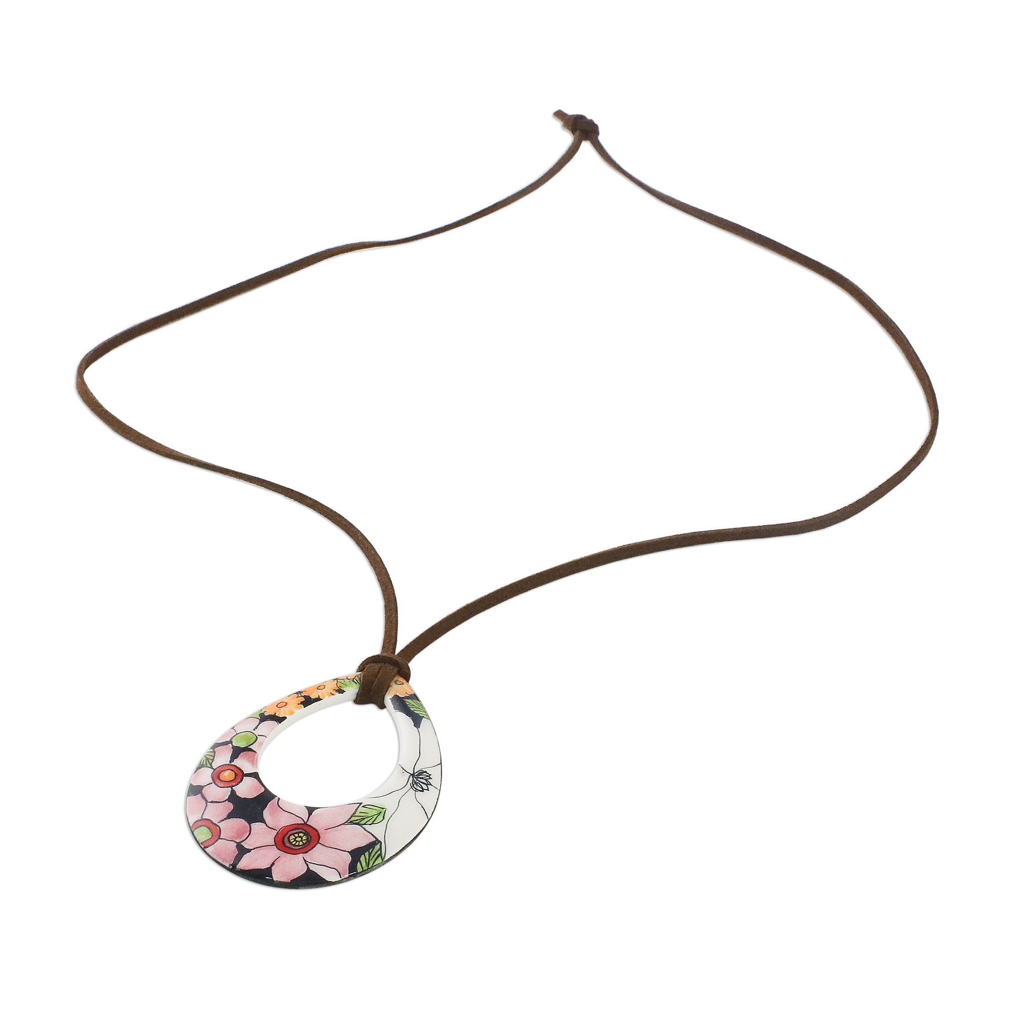 Premium Hand-Painted Ceramic Floral Pendant Necklace - Bursting Blooms Collection