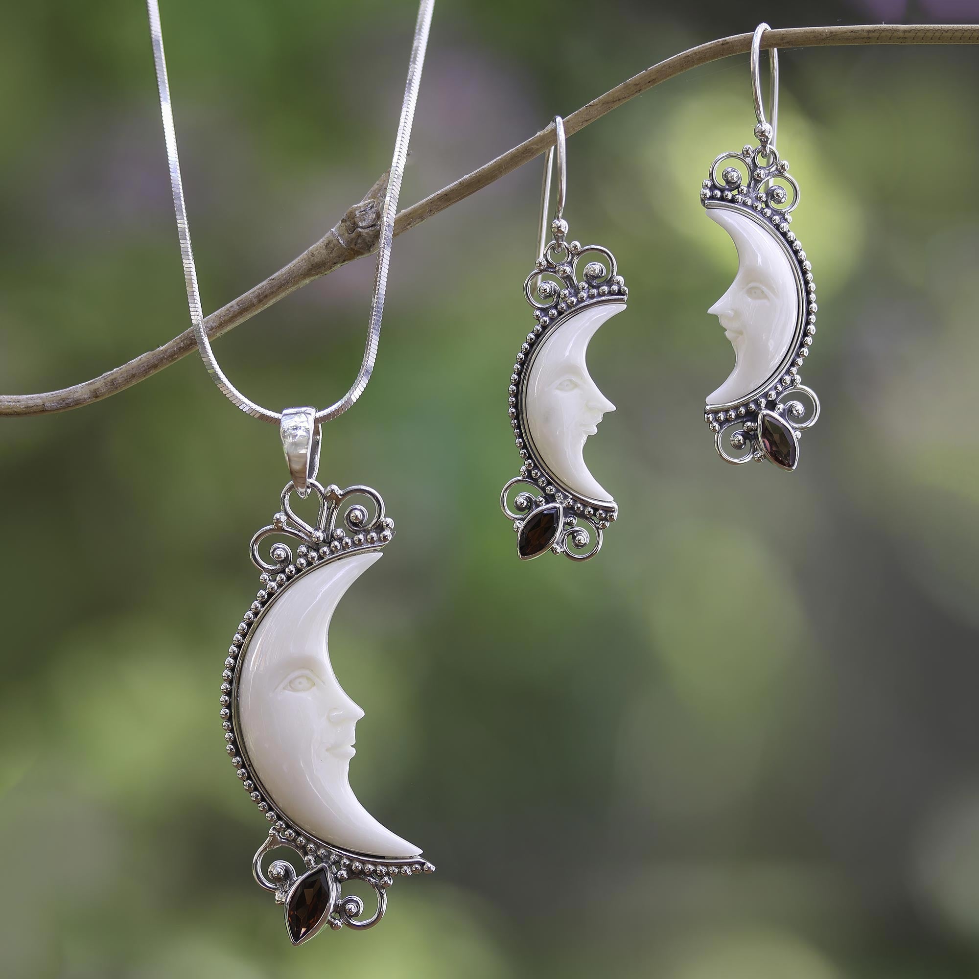 Premium Crescent Moon Dangle Earrings - Handcrafted Garnet & Silver Jewelry from Bali