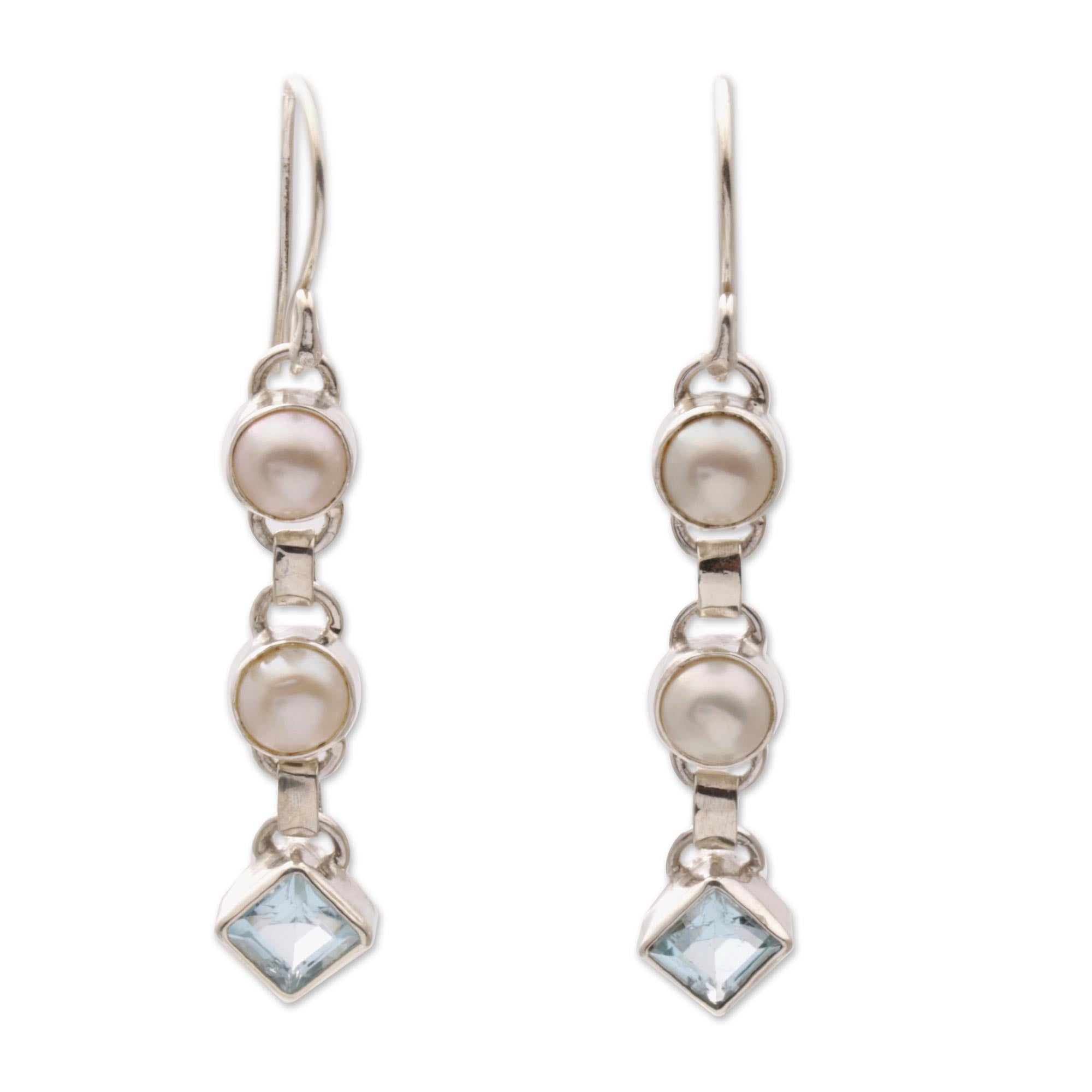 Premium Silver Trail Blue Topaz & Pearl Dangle Earrings - Handcrafted Elegance