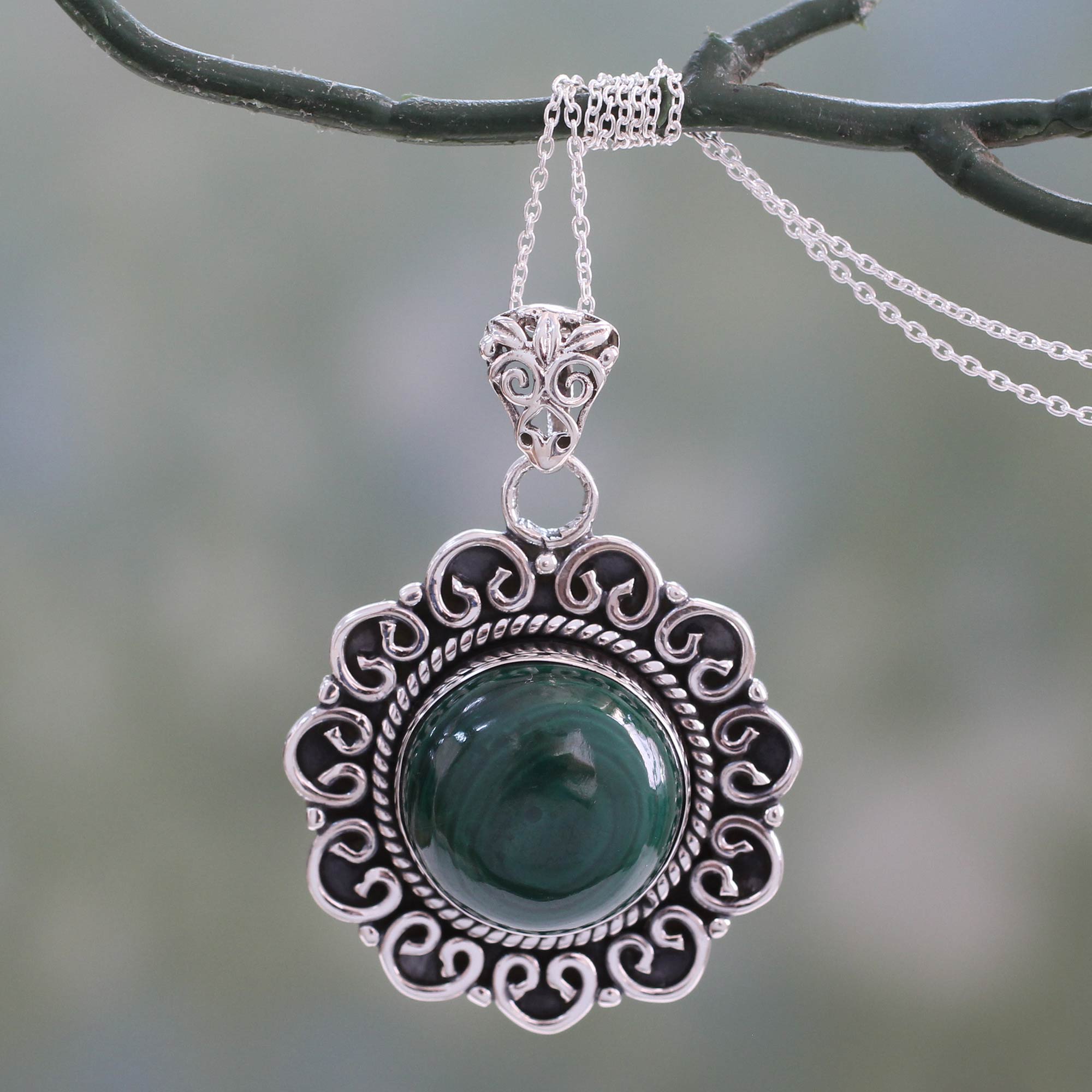 Premium Forest Reverie Malachite Pendant Necklace in 925 Sterling Silver