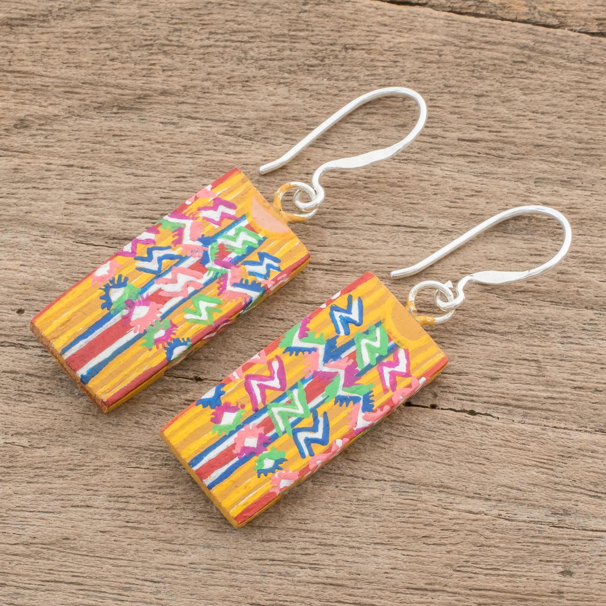 Premium Huipil-Inspired Wood Dangle Earrings – Handcrafted in Guatemala