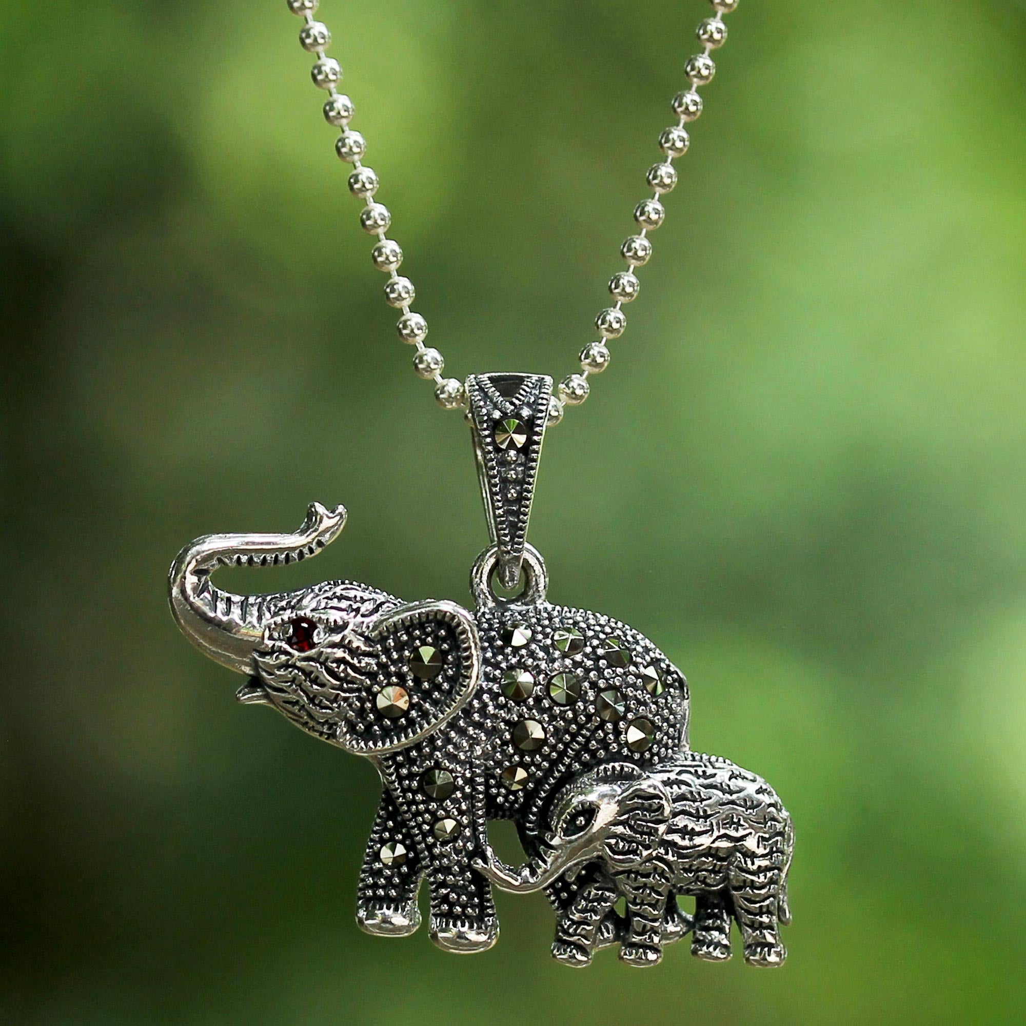 Premium Glistening Elephants Marcasite & Sterling Silver Pendant Necklace