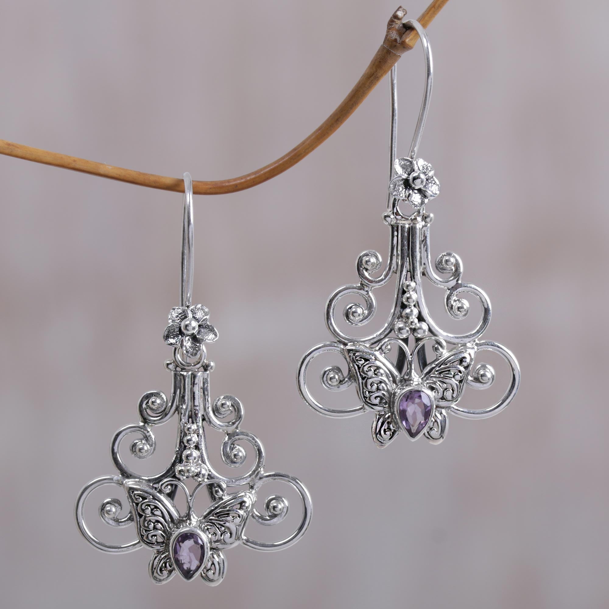 Premium Amethyst Butterfly Dangle Earrings – Handcrafted Sterling Silver Jewelry