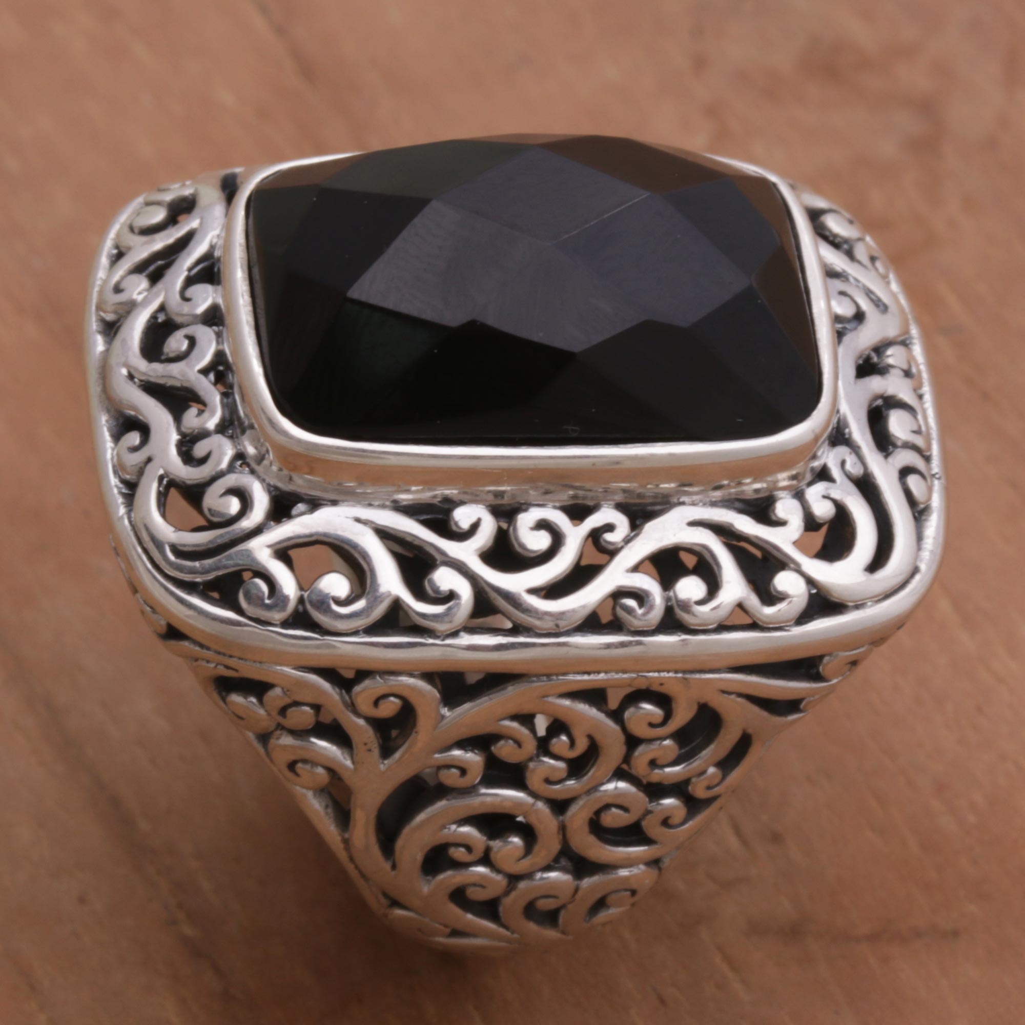 Premium Spiraling Black Onyx Silver Cocktail Ring - Handcrafted Elegance