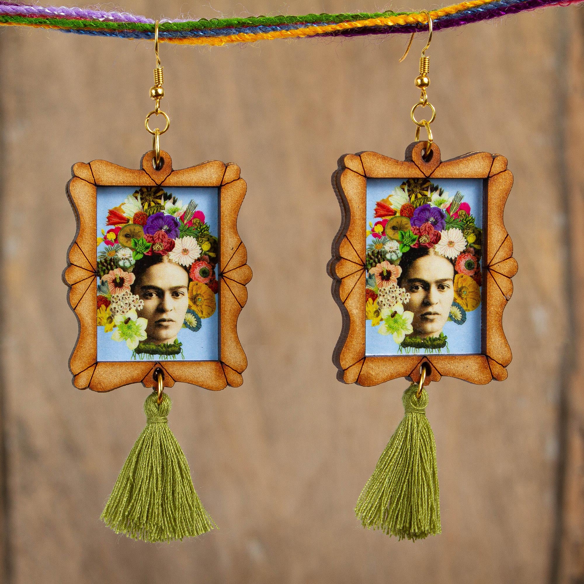 Premium Frida Kahlo Handcrafted Wood Dangle Earrings with Floral Design