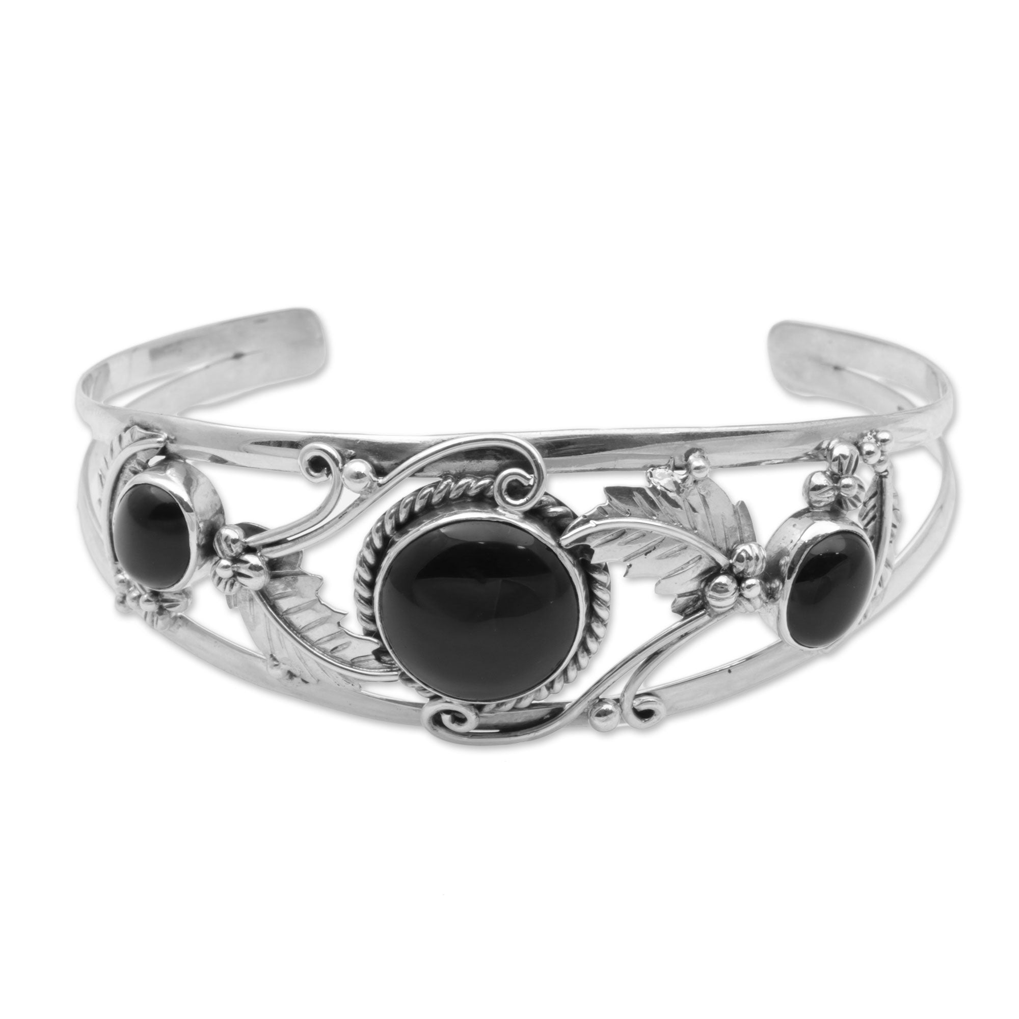 Premium Sterling Silver Leaf Cuff Bracelet with Onyx - Handcrafted in Bali