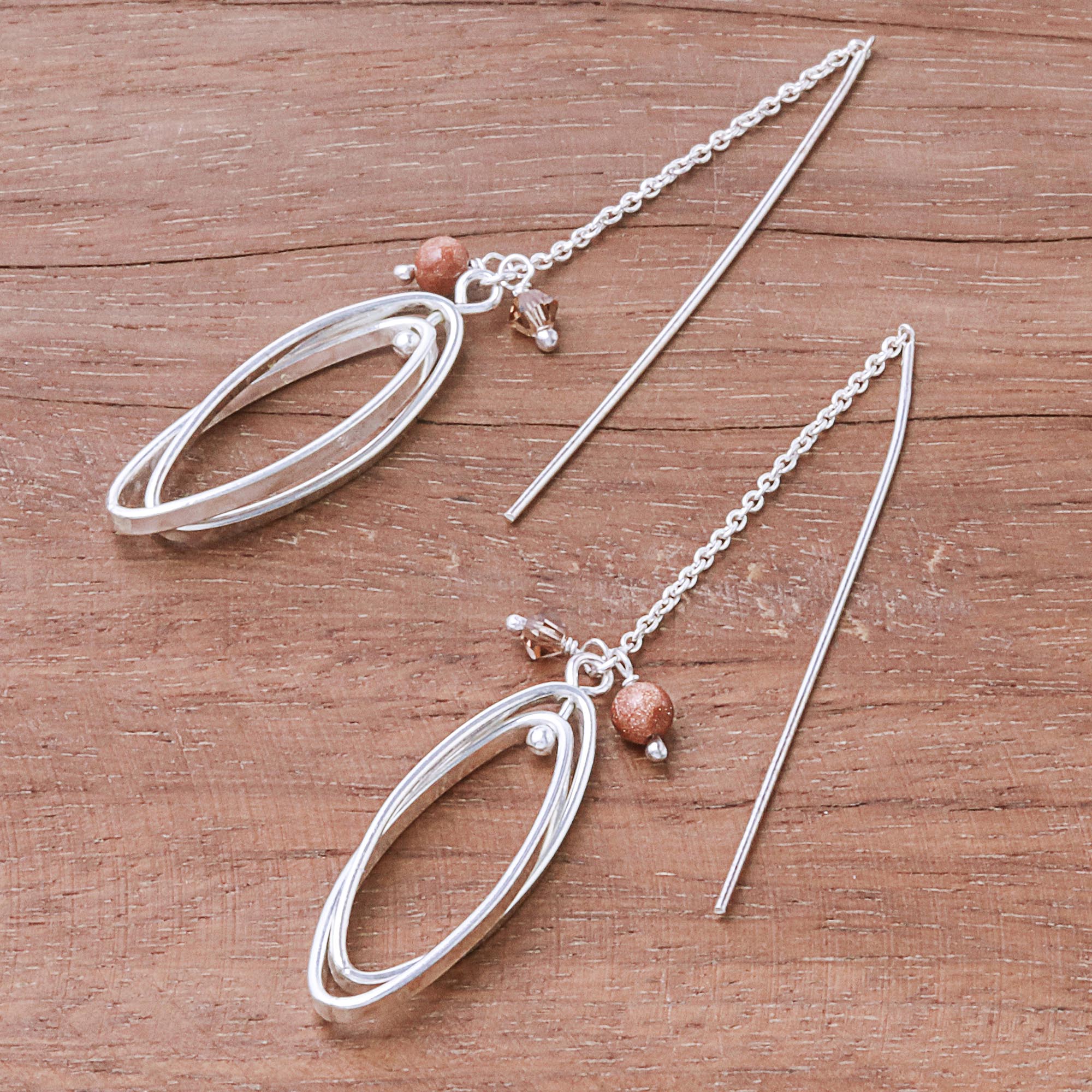 Premium Nested Ellipse Sterling Silver Threader Earrings with Glass Beads