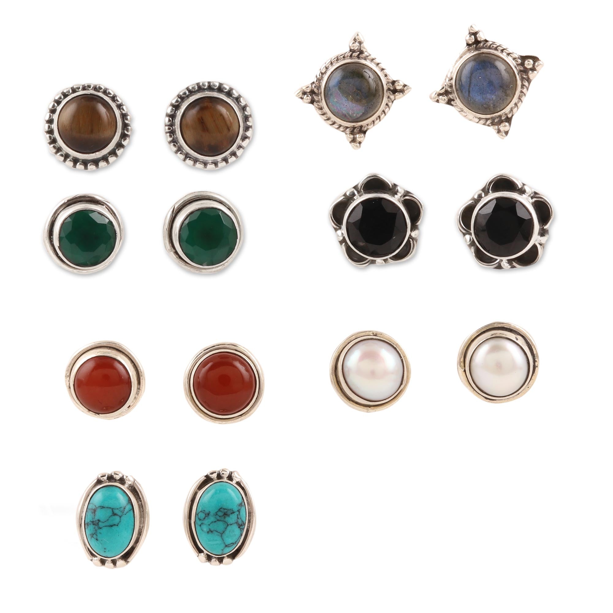 Premium Set of 7 Multi-Gemstone Stud Earrings – Handcrafted Elegance from India