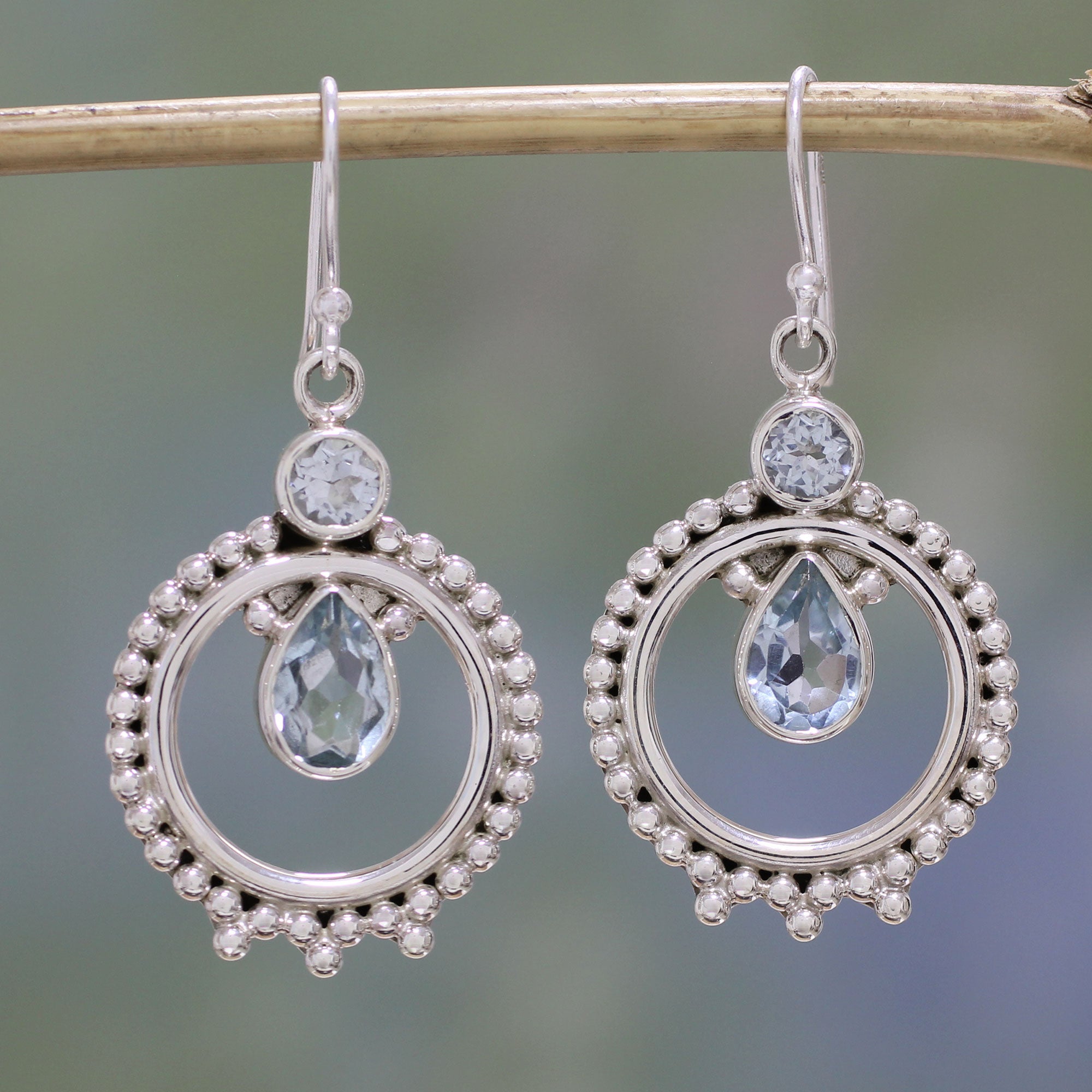 Premium Regal Circles Blue Topaz Dangle Earrings – Handcrafted Sterling Silver Jewelry from India