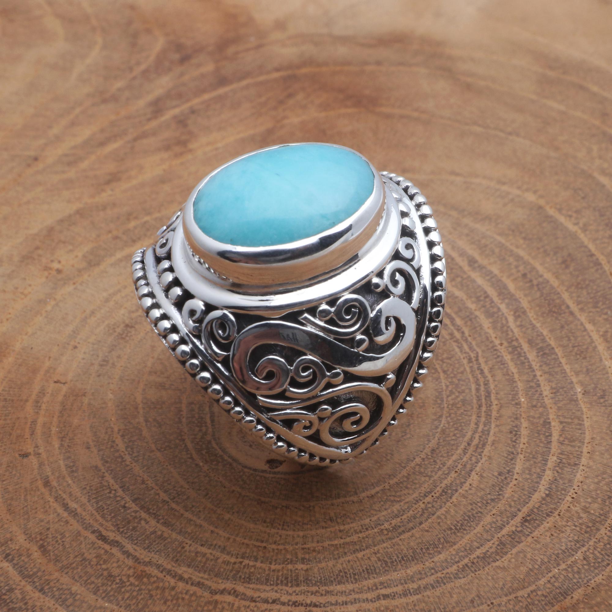 Premium Misty Temple Oval Amazonite Sterling Silver Scroll Cocktail Ring