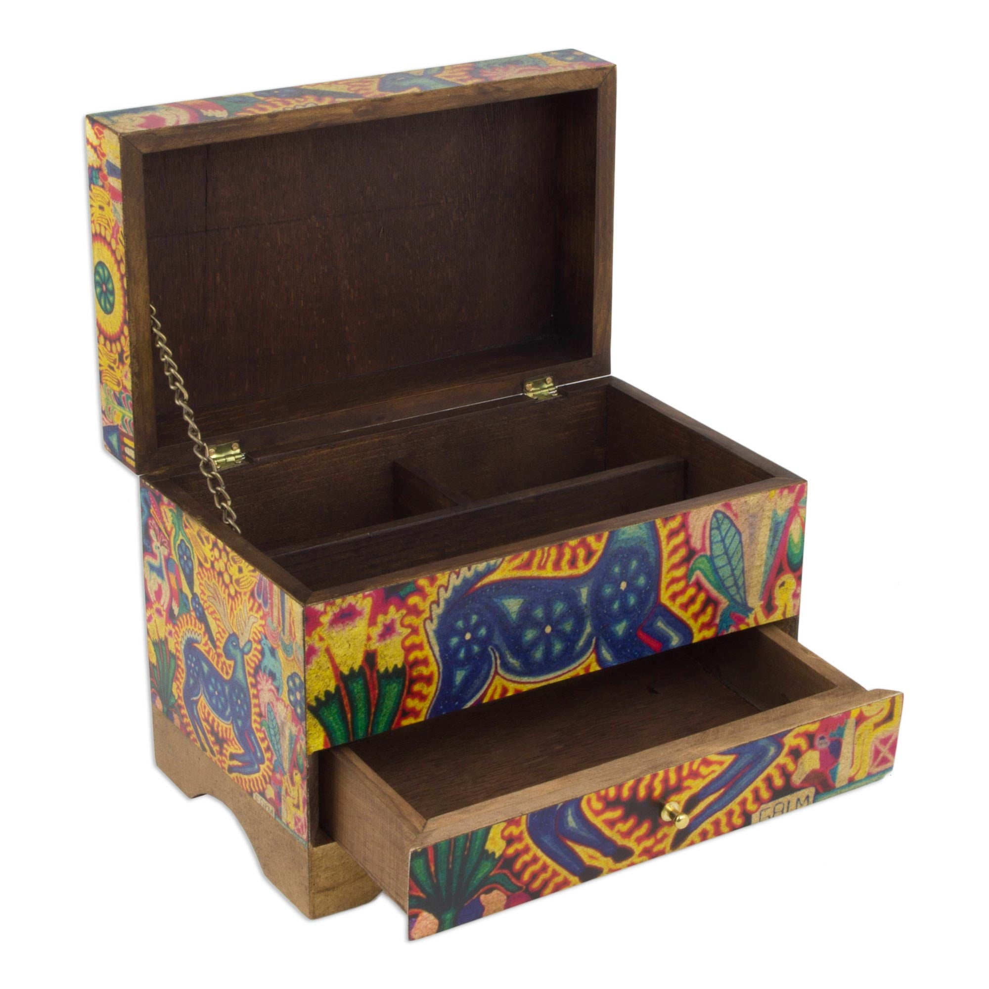 Premium Kawuyumaire Huichol Deer Decoupage Jewelry Box - Handcrafted Pinewood Treasure Chest