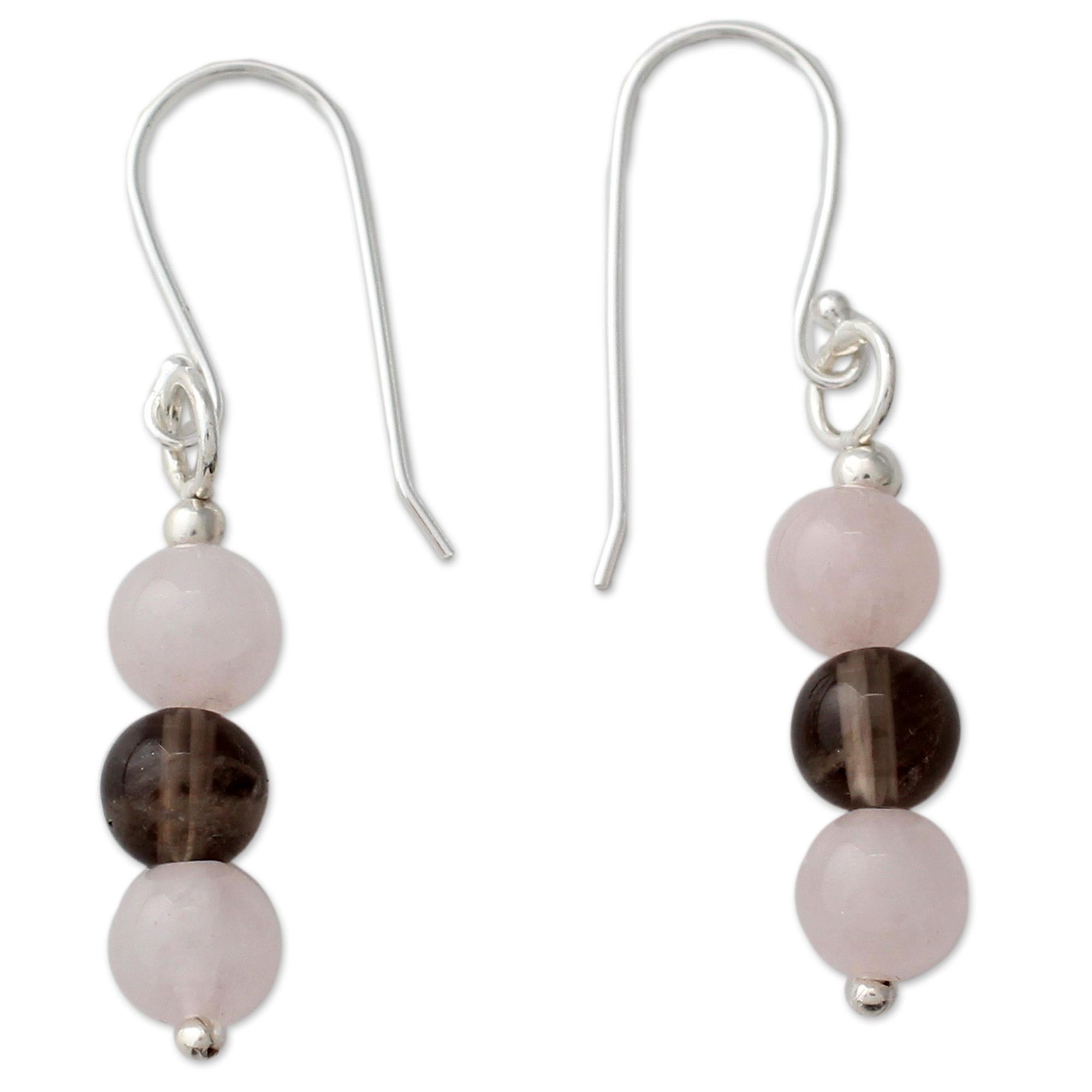 Premium Handcrafted Rose Quartz & Smoky Quartz Earrings with Sterling Silver Hooks