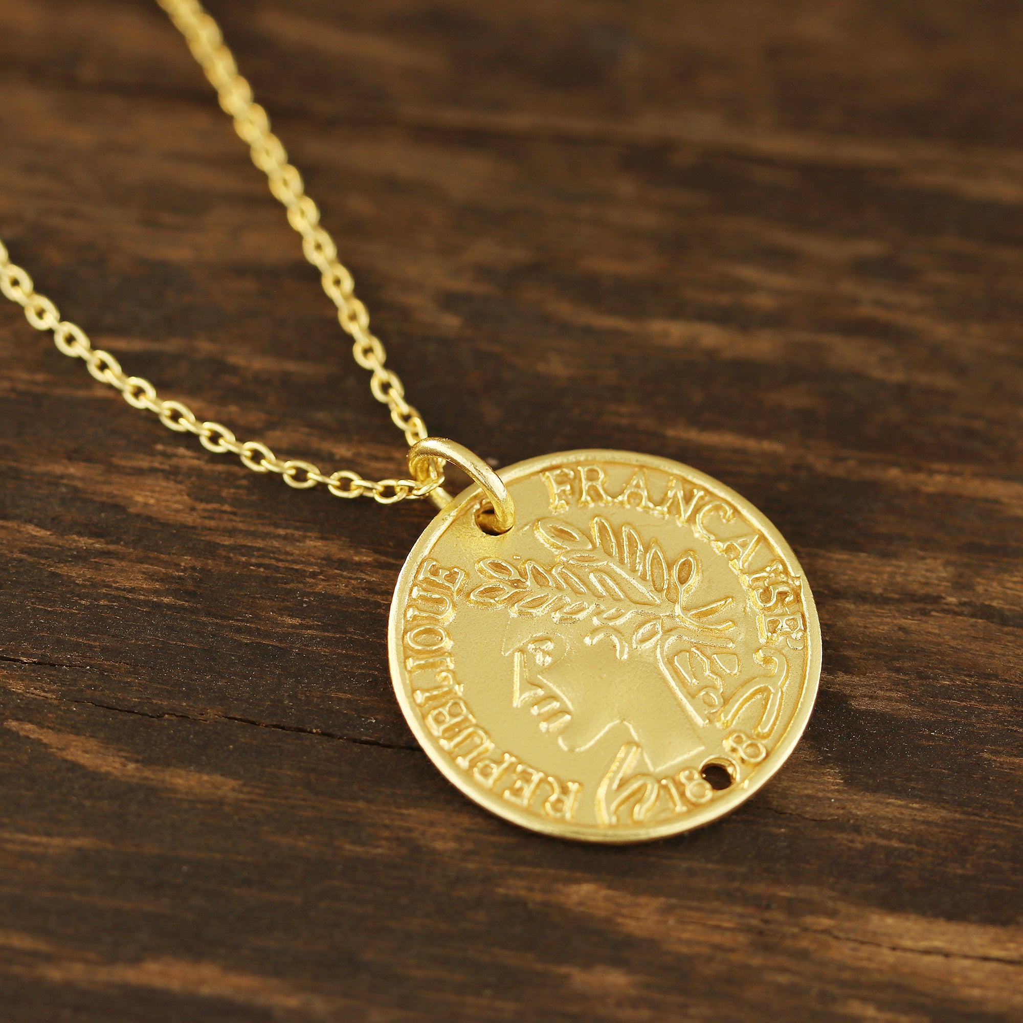 Premium Vintage French Coin Necklace - 22k Gold Plated Sterling Silver