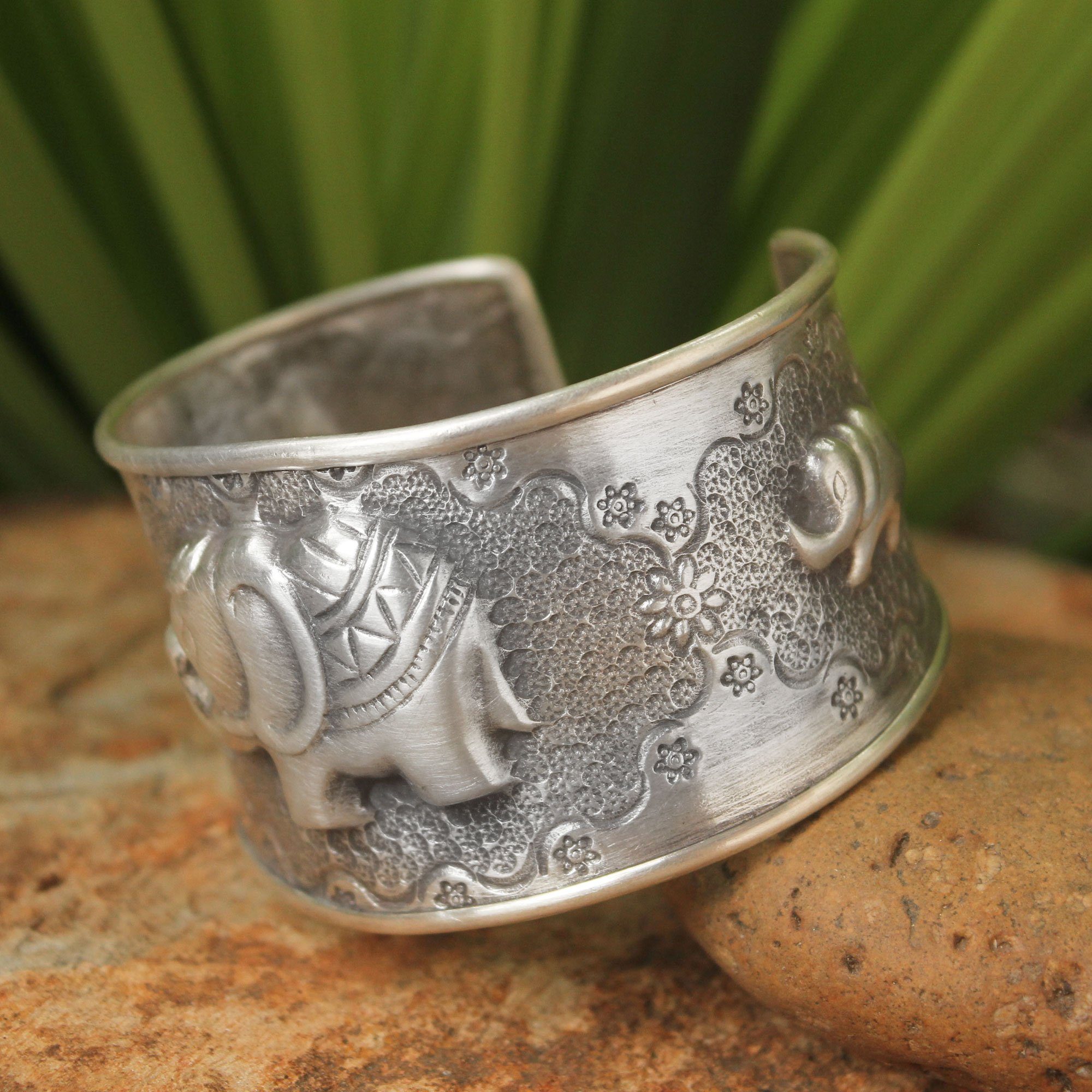 Premium Elephant Family Sterling Silver Cuff Bracelet