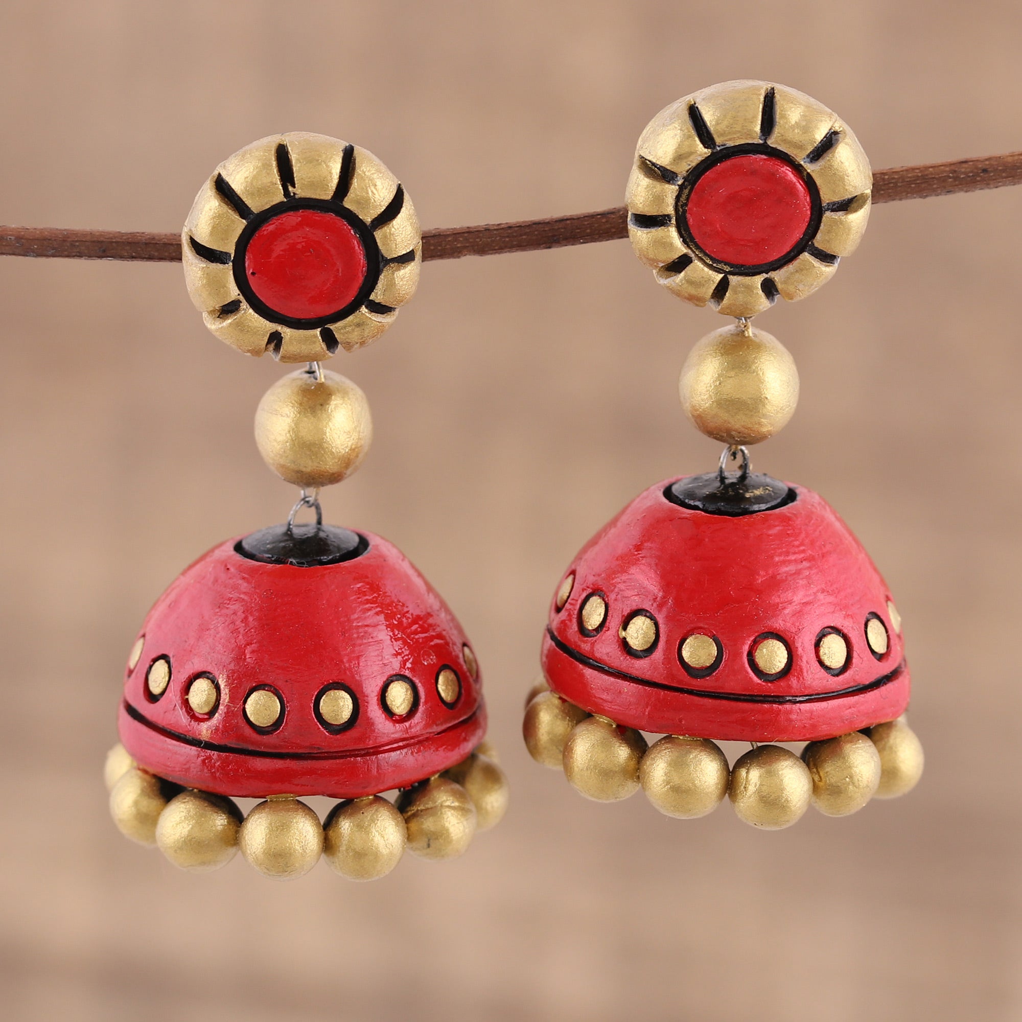 Premium Golden Passion Dangle Earrings – Handcrafted Red & Gold Ceramic Jewelry