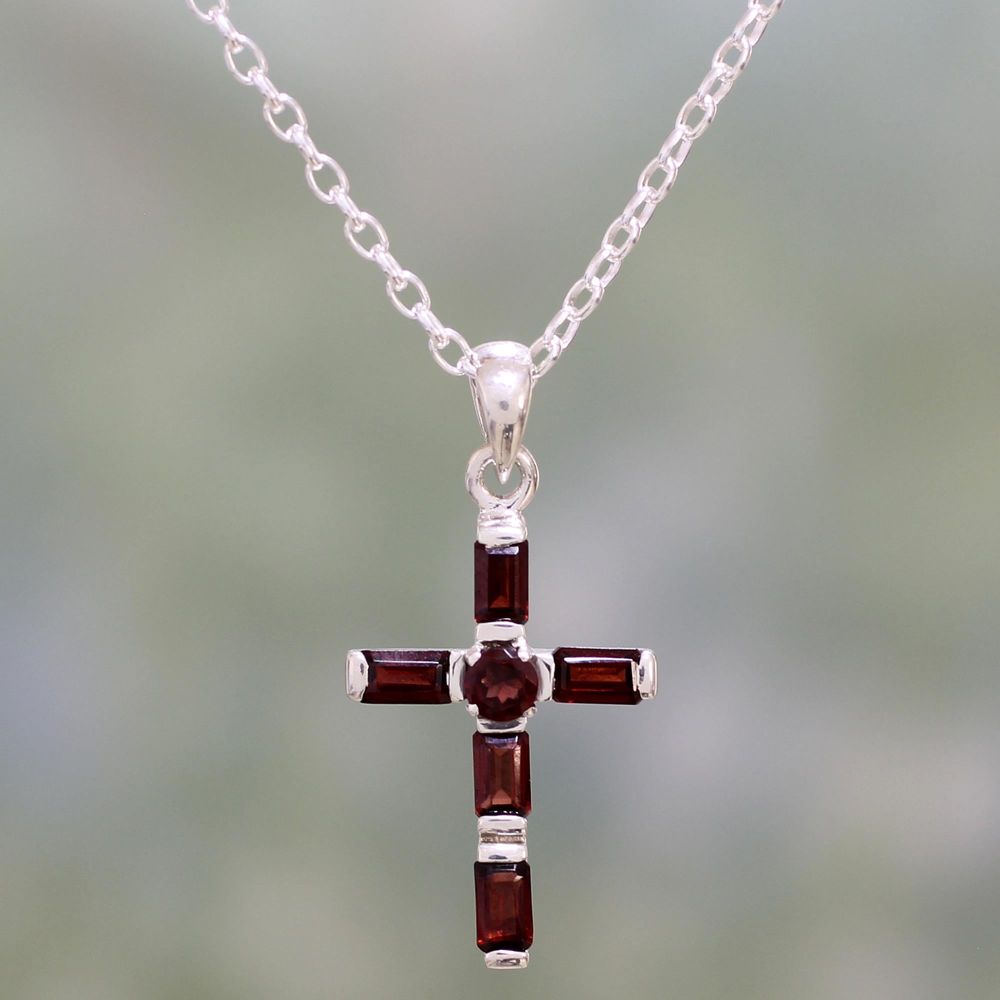 Premium Deep Crimson Cross Garnet & Silver Necklace - Handcrafted Elegance