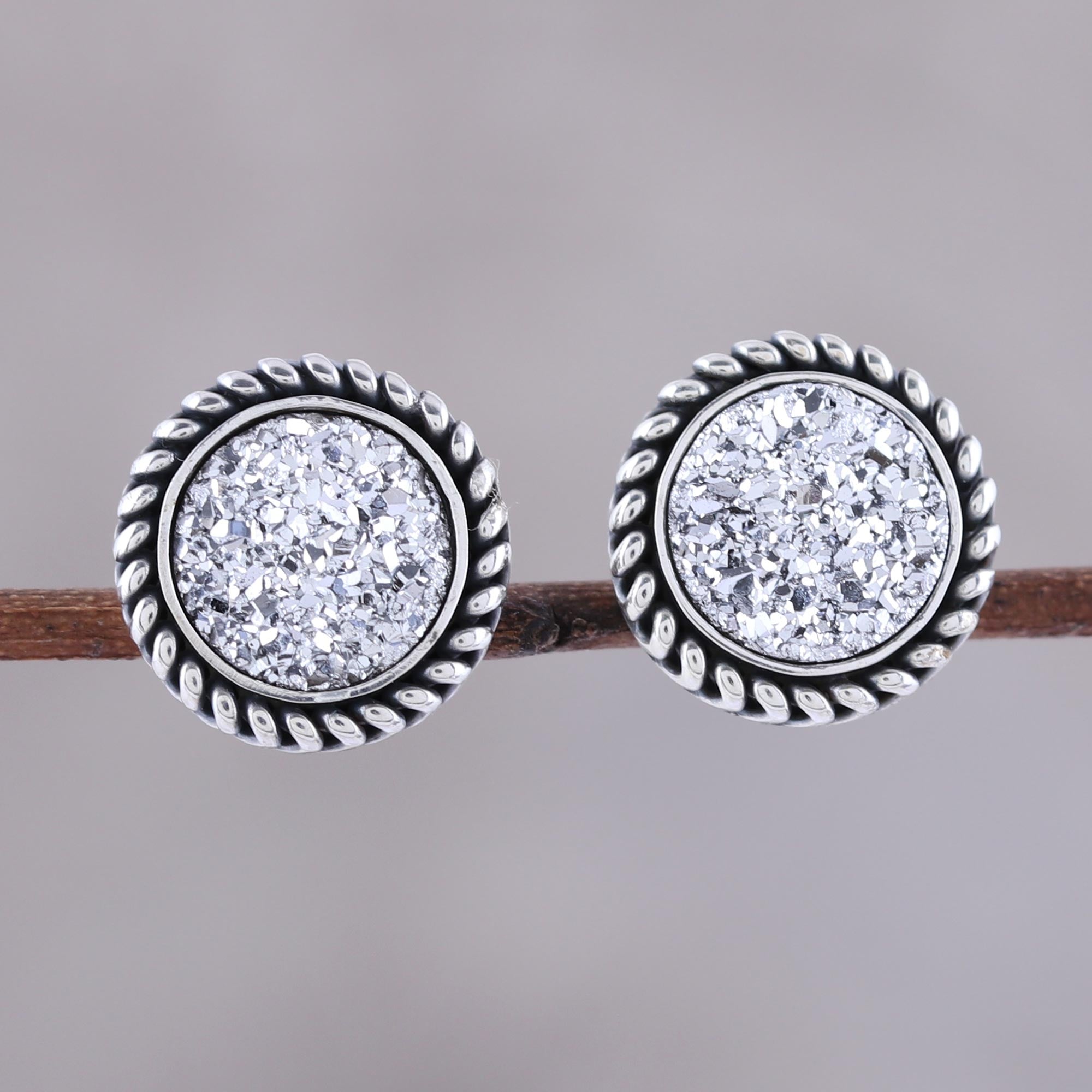 Premium White Sphere Drusy Quartz Silver Stud Earrings – Ultimate Elegance