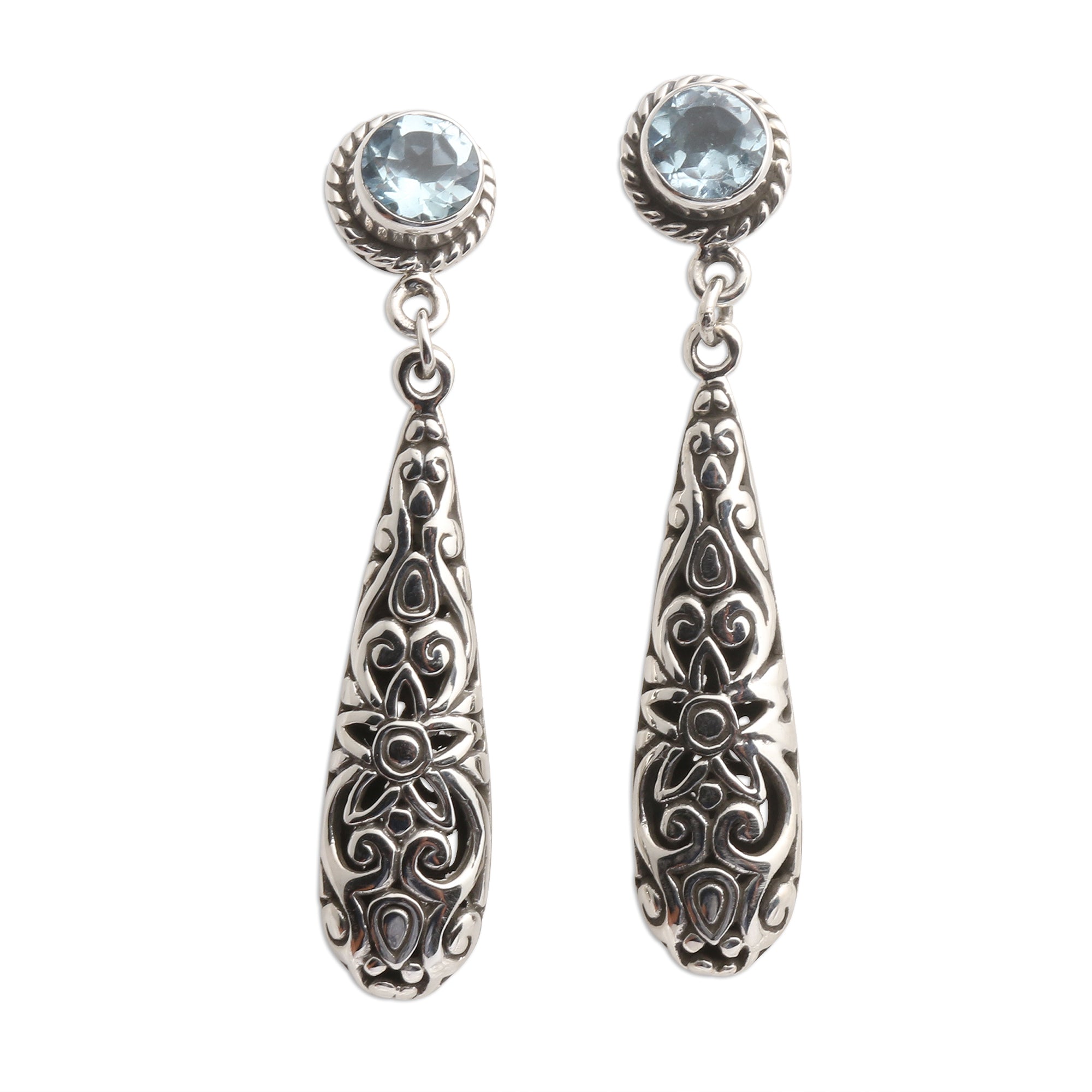 Premium Balinese Blue Topaz Floral Dangle Earrings in Sterling Silver