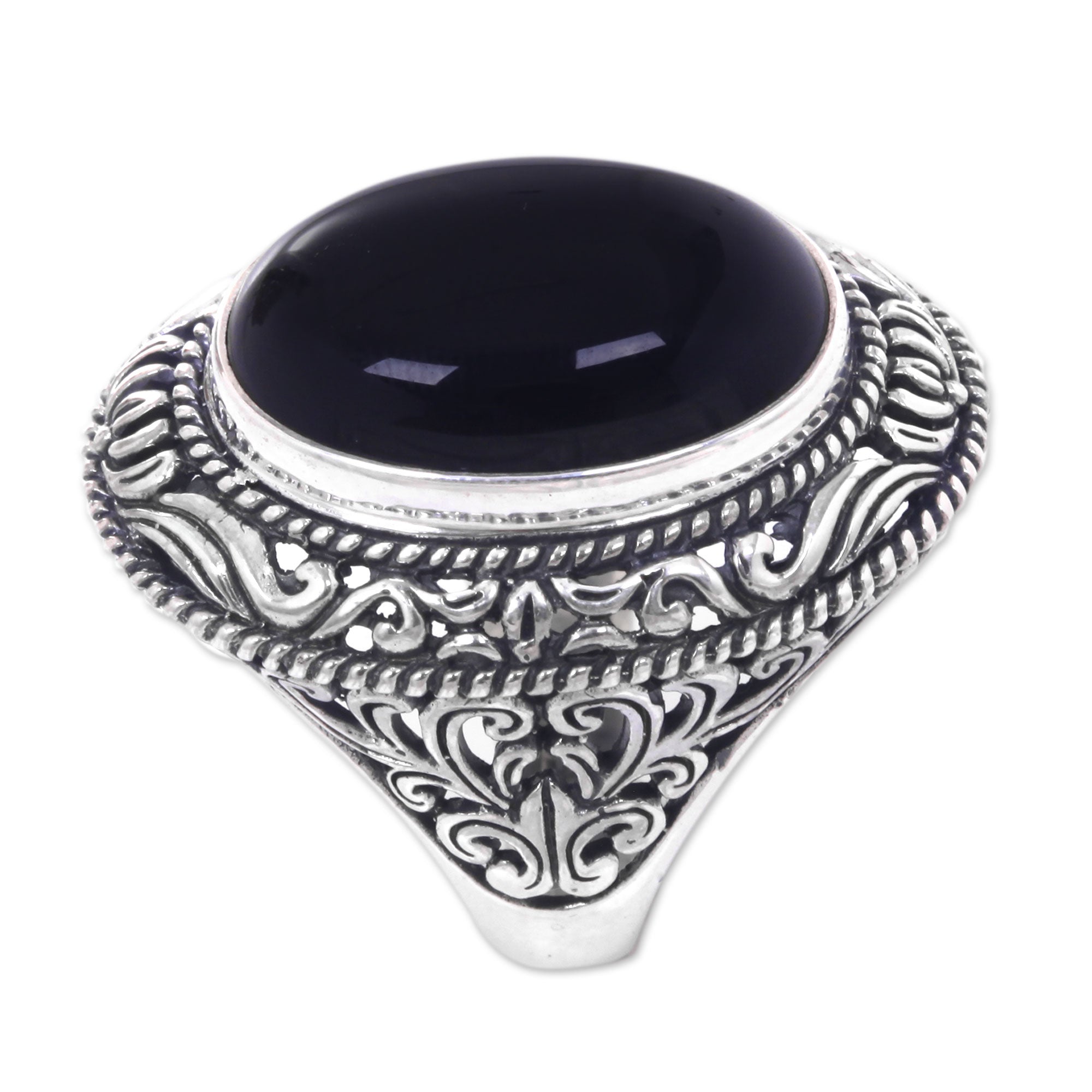 Premium Amed Eclipse Onyx Silver Cocktail Ring - Handcrafted Elegance