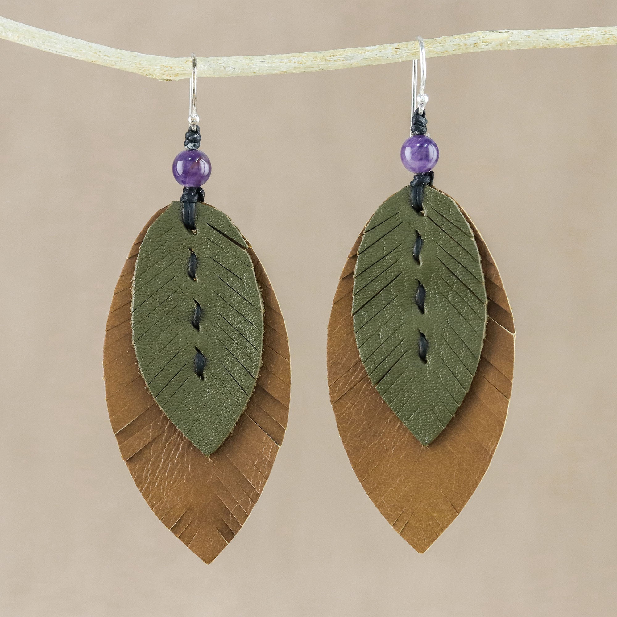 Premium Amethyst & Leather Leaf Dangle Earrings - Handcrafted in Thailand