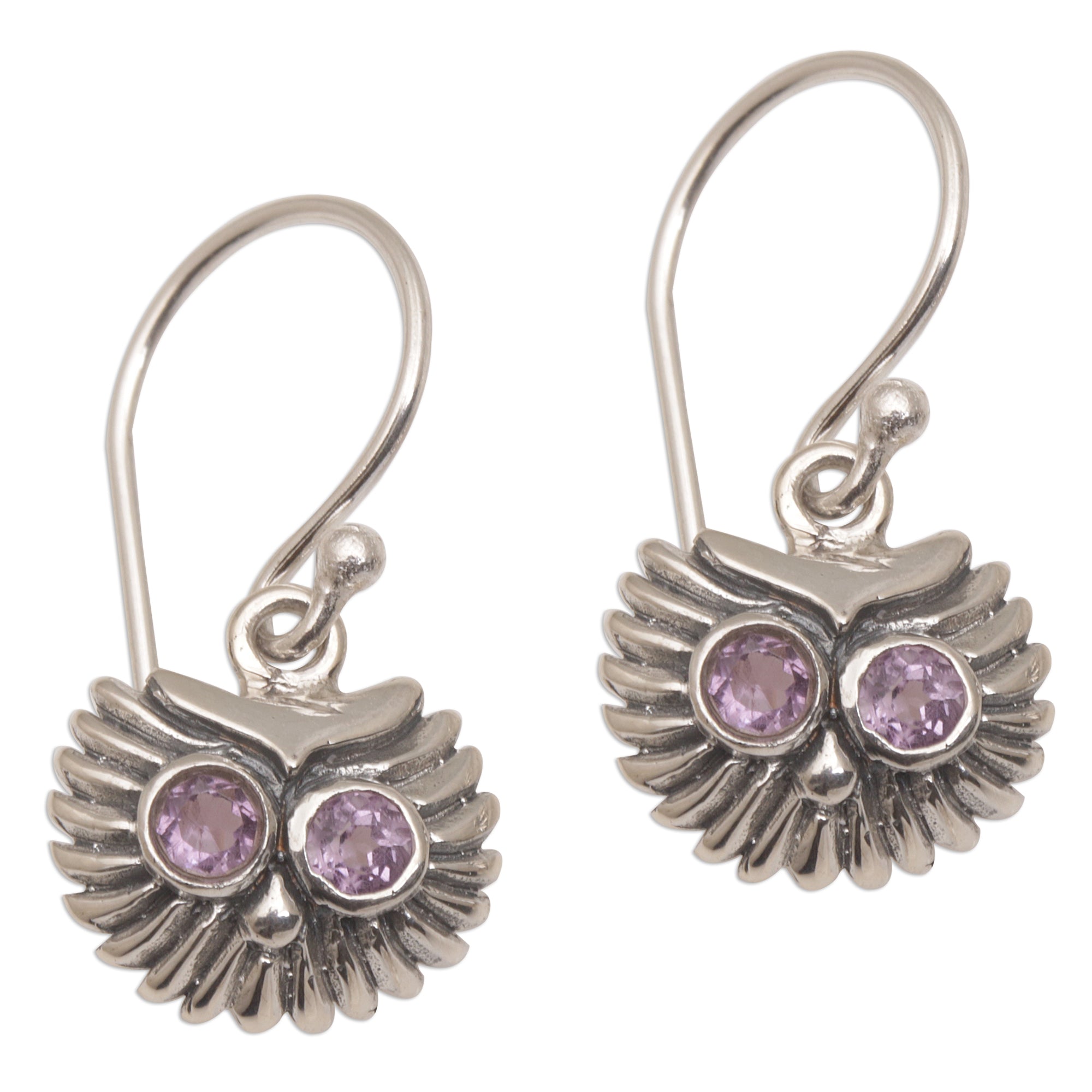 Premium Amethyst Owl Dangle Earrings - Handcrafted Sterling Silver Jewelry from Bali