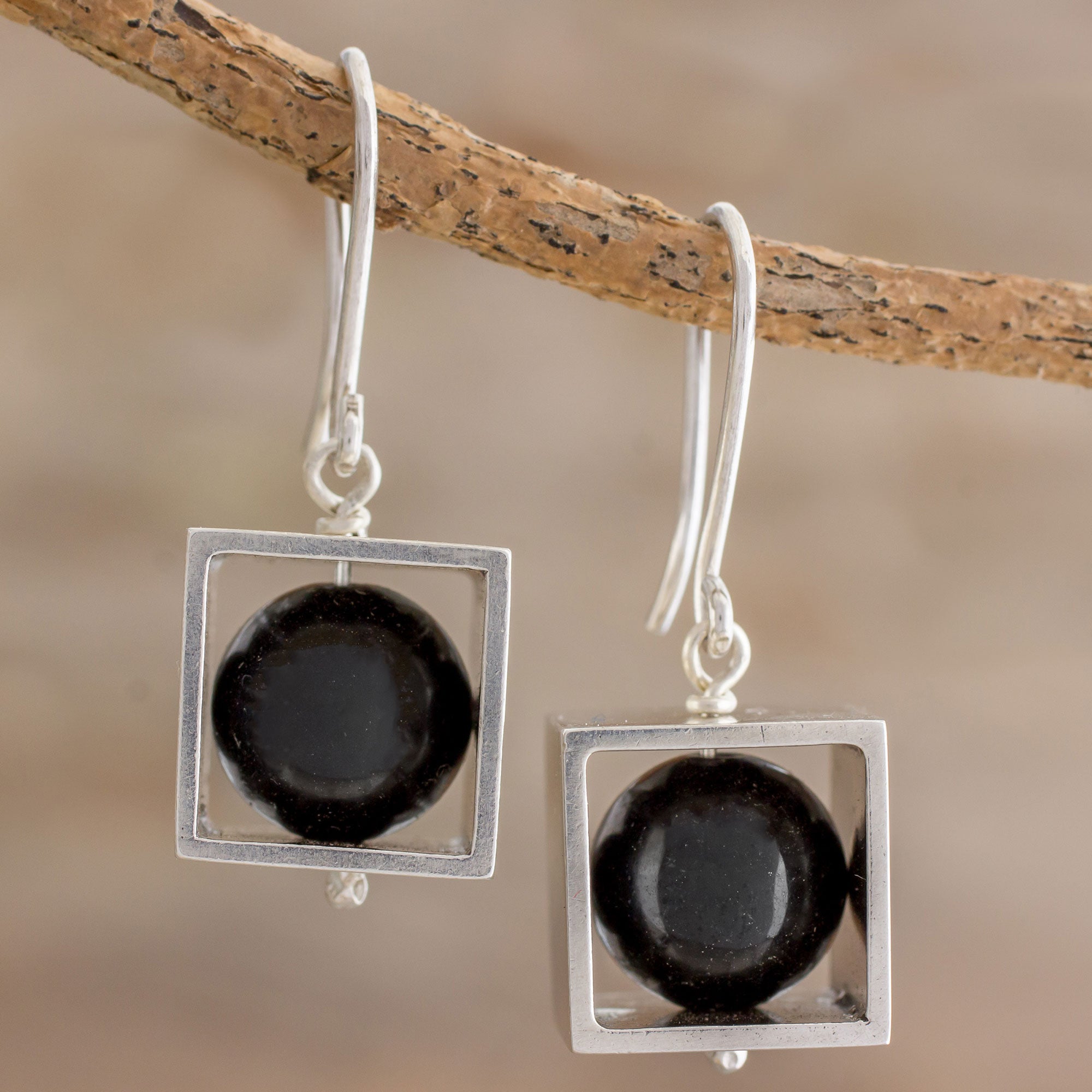 Premium Sterling Silver Square Frame Earrings with Onyx Orb Dangle