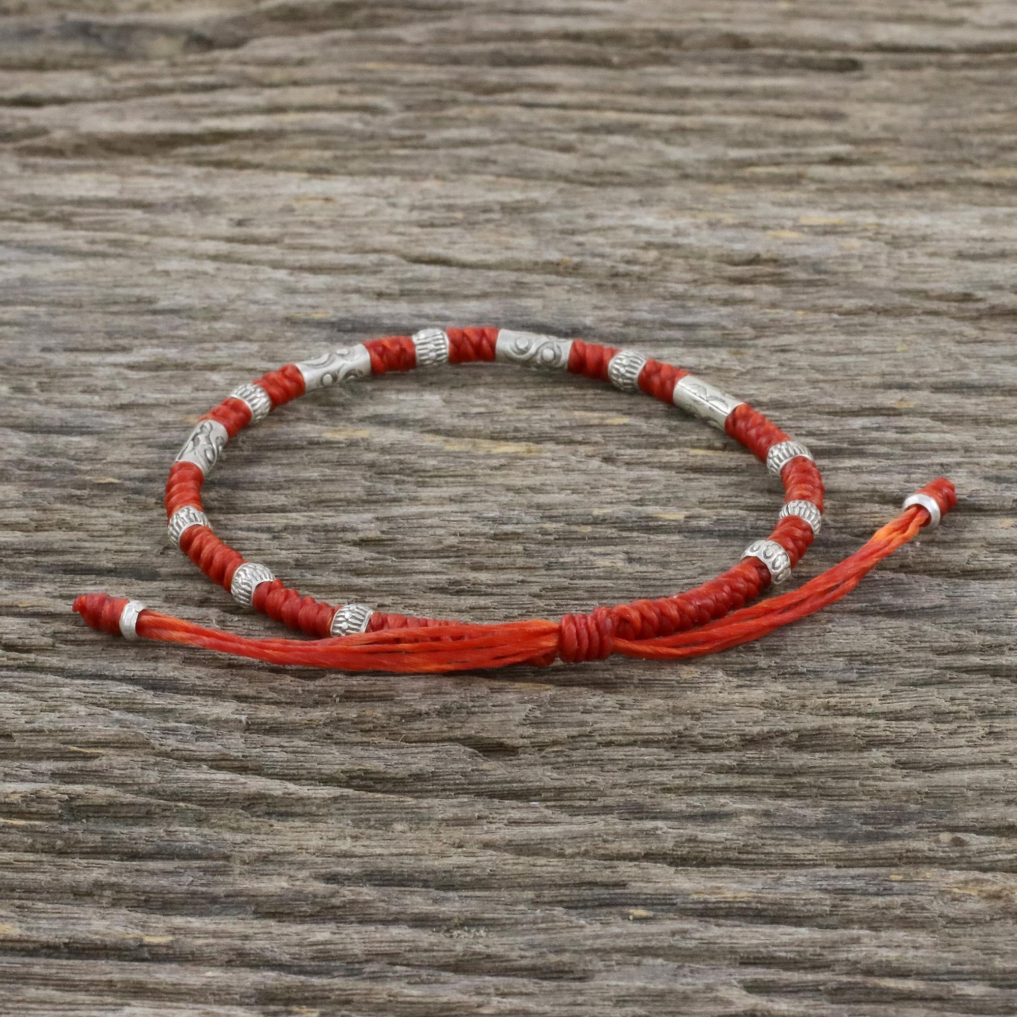 Premium Balance Red Unisex Beaded Bracelet - 950 Karen Silver & Waxed Cord