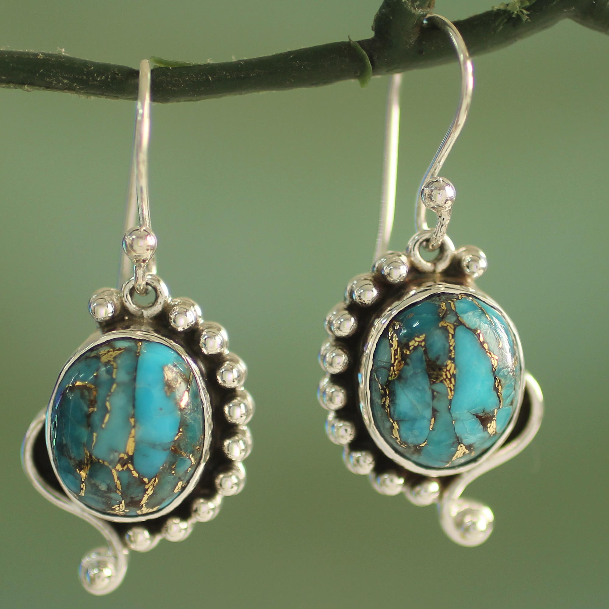 Premium Handcrafted Blue Paisley Sterling Silver Earrings with Composite Turquoise