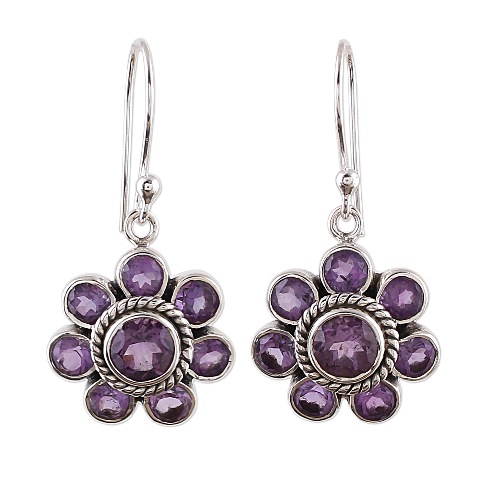 Premium Morning Glitter Amethyst Dangle Earrings - Handcrafted Sterling Silver Jewelry from India