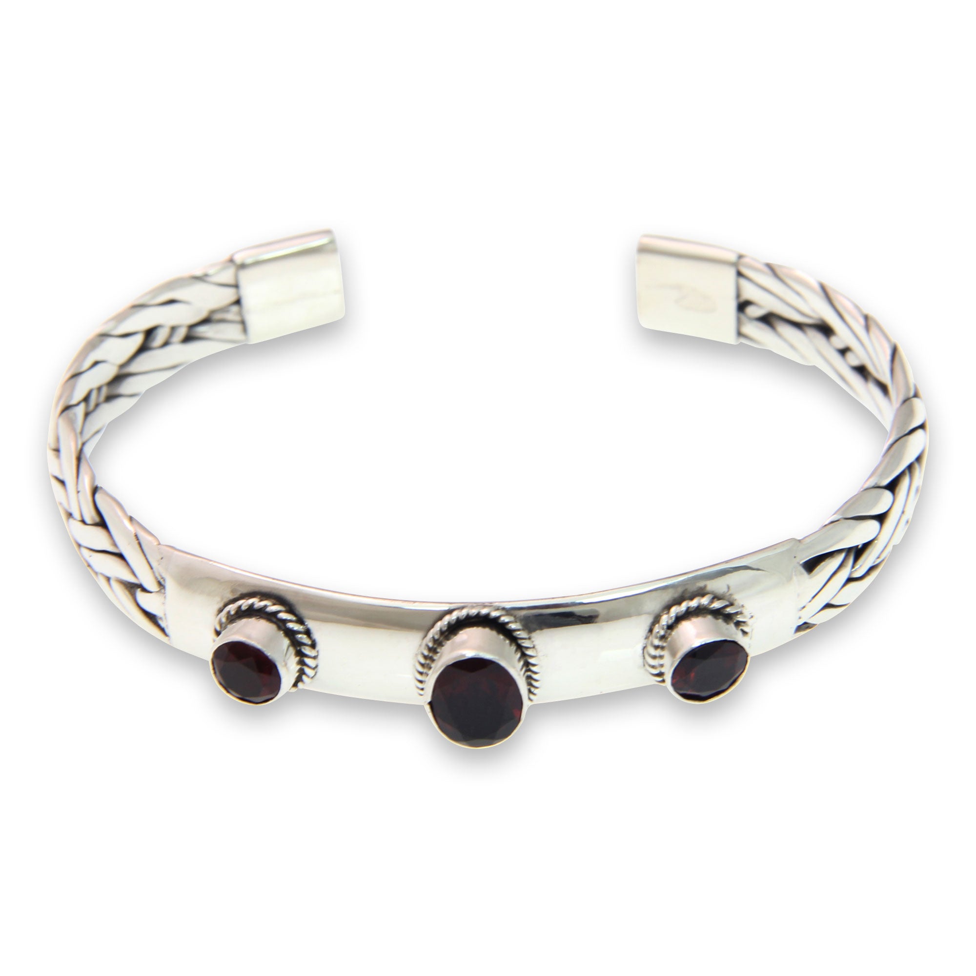 Premium Sterling Silver Braided Cuff Bracelet with Trio Garnet Gemstones