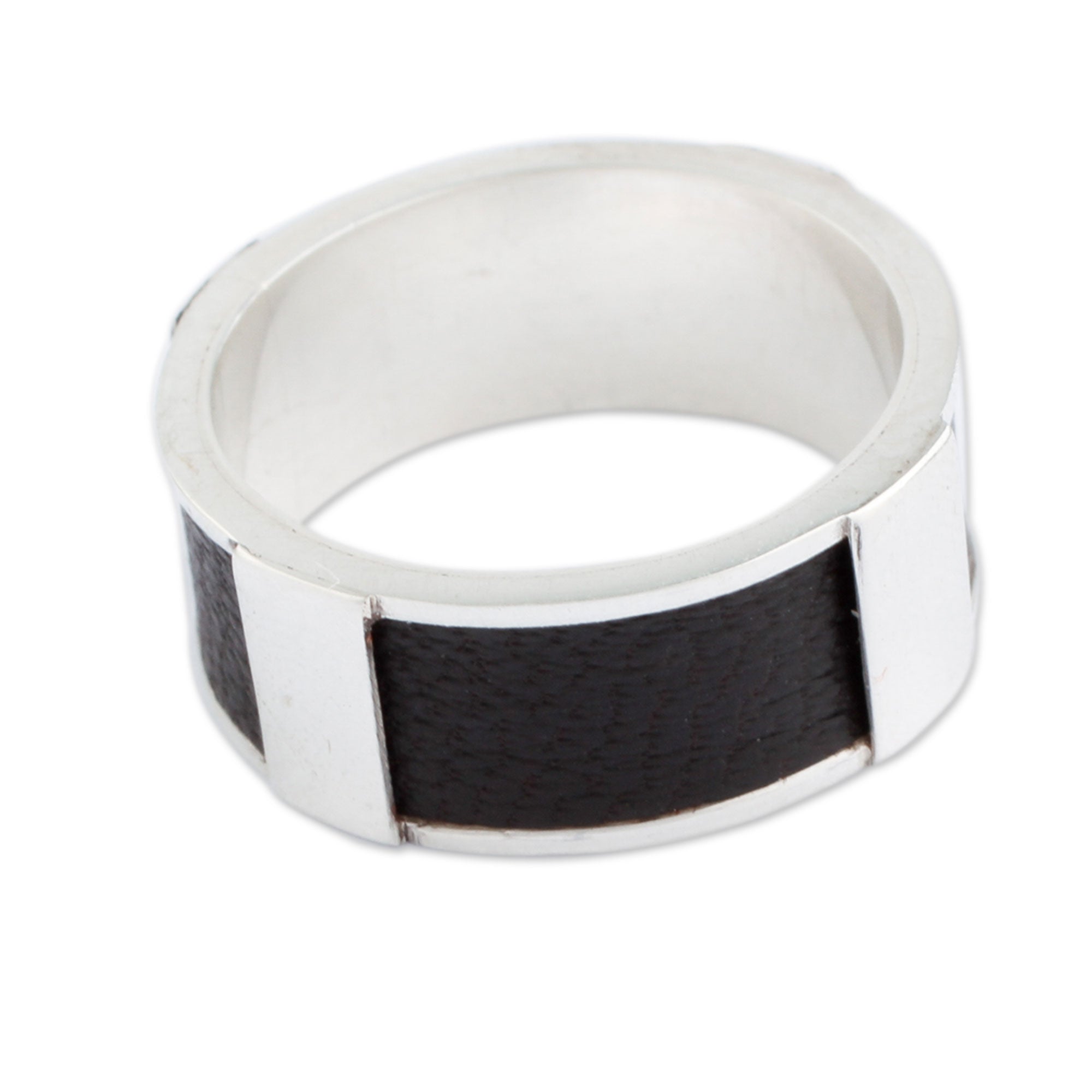 Premium Leather & Sterling Silver Minimalist Band Ring – Handcrafted by Artisans