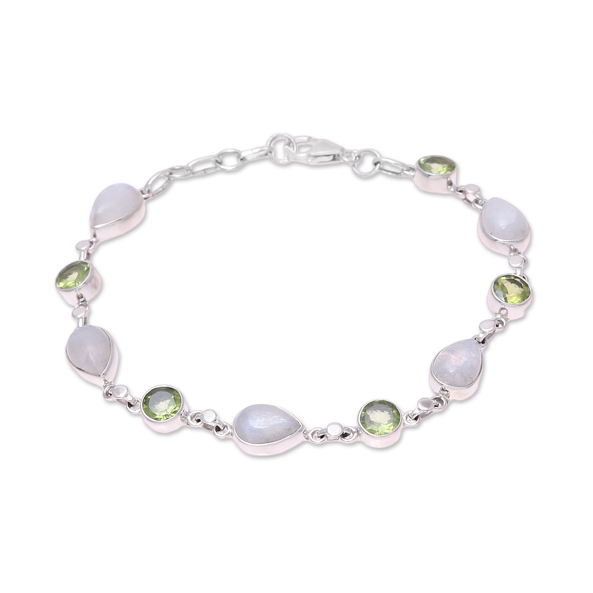 Premium Misty Forest Sterling Silver Bracelet with Rainbow Moonstone & Peridot