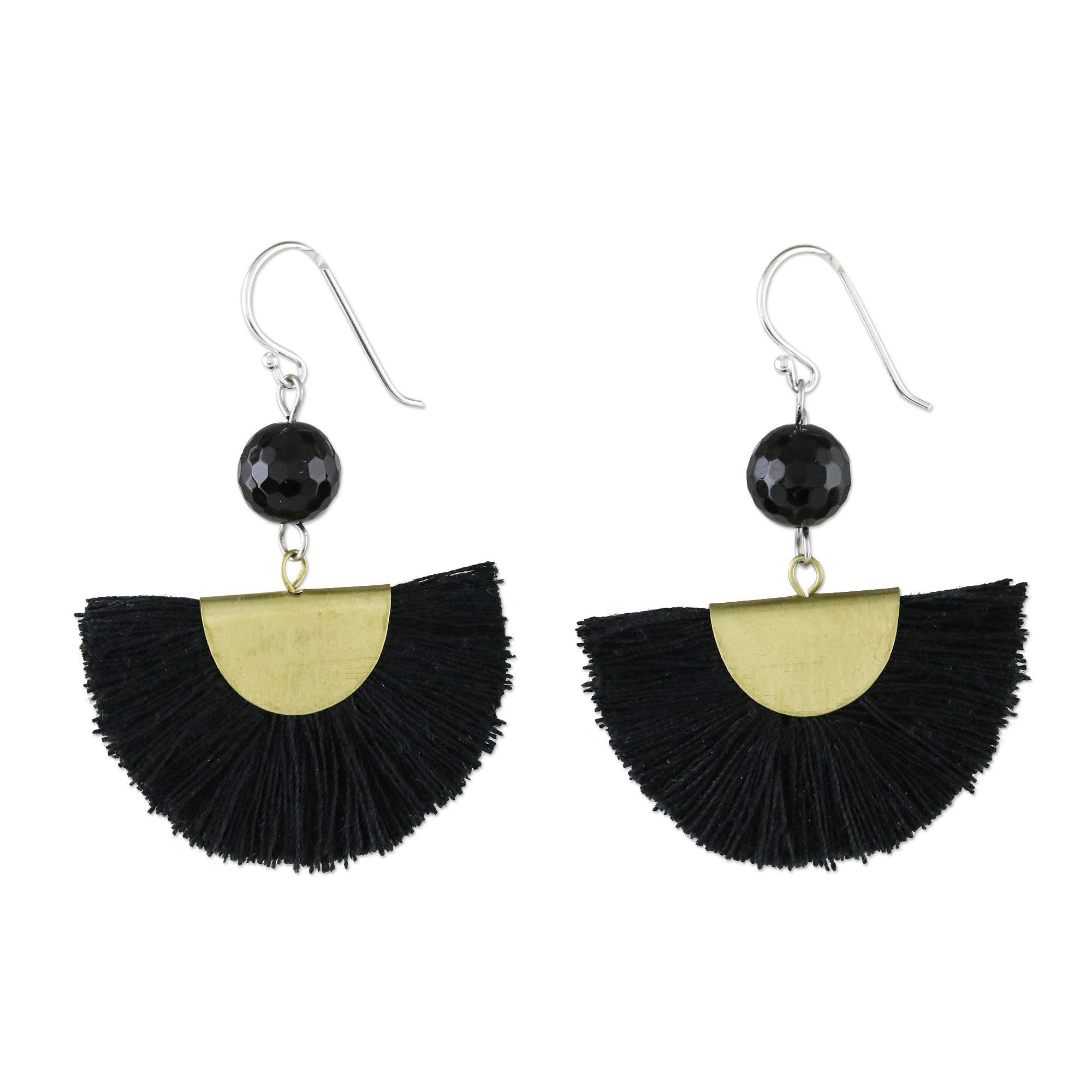 Premium Black Quartz & Brass Dangle Earrings with Elegant Cotton Fringe