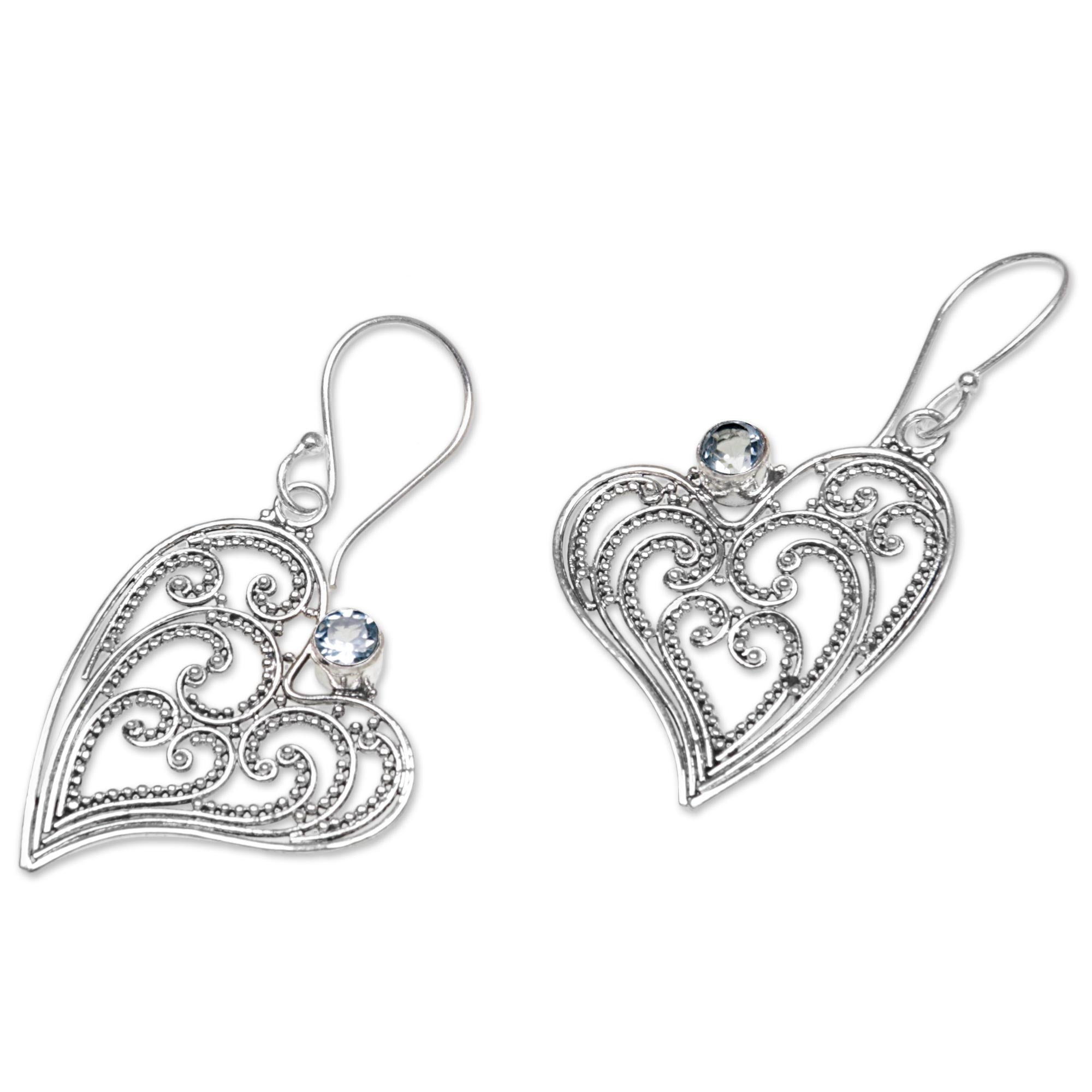 Premium Blue Topaz Heart Dangle Earrings in Sterling Silver