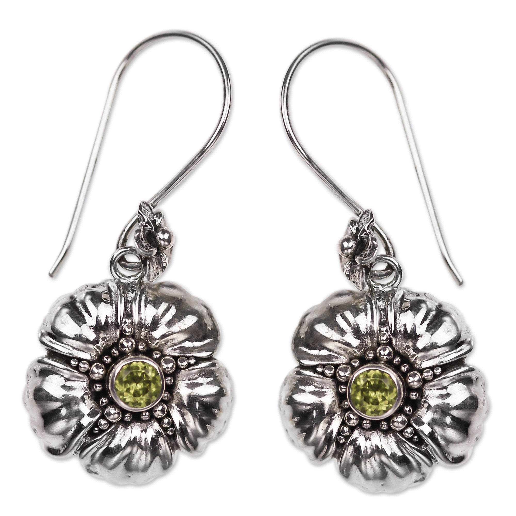 Premium Handcrafted Balinese Hibiscus Earrings with Peridot