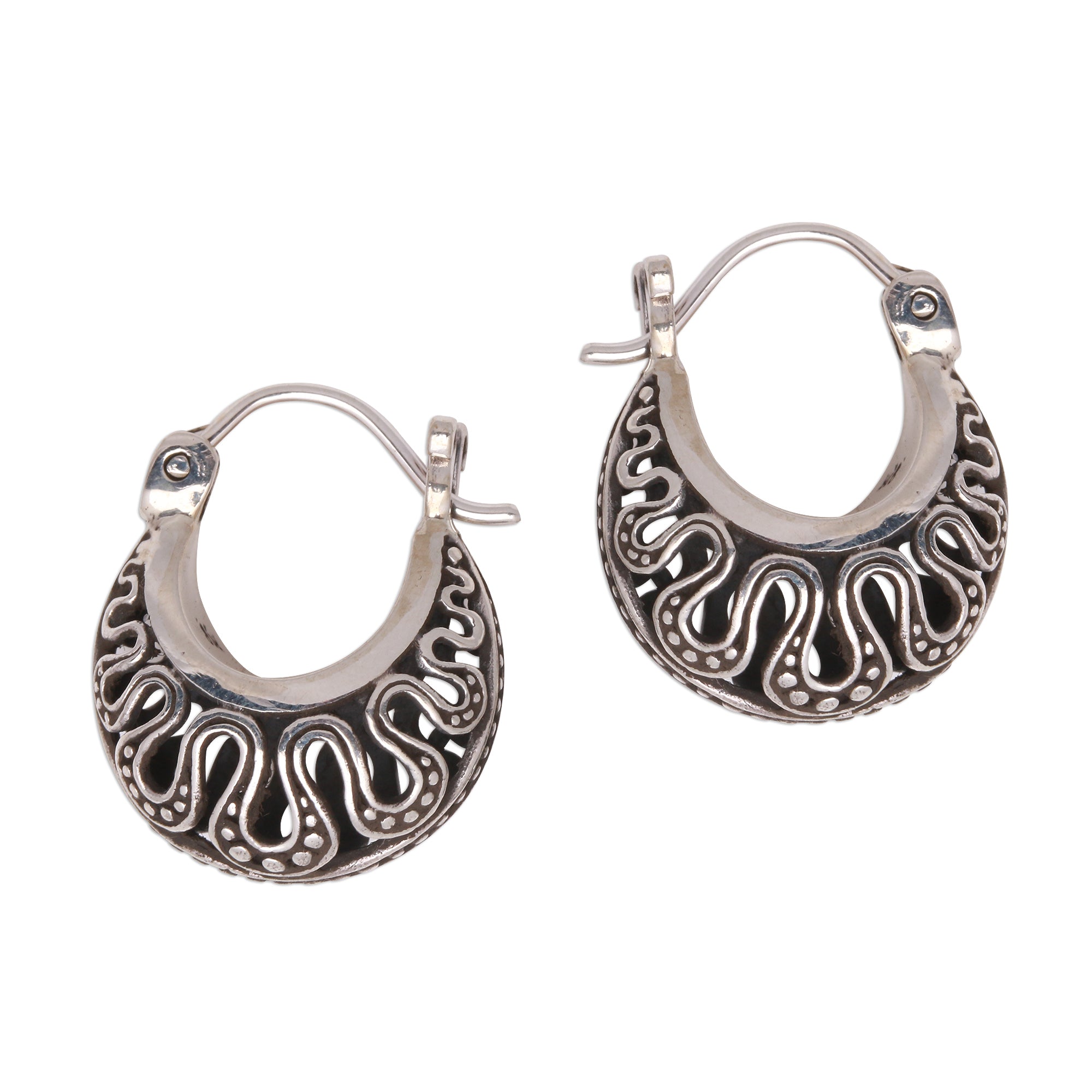 Premium Wavy Sterling Silver Hoop Earrings from Bali – Handcrafted Elegance