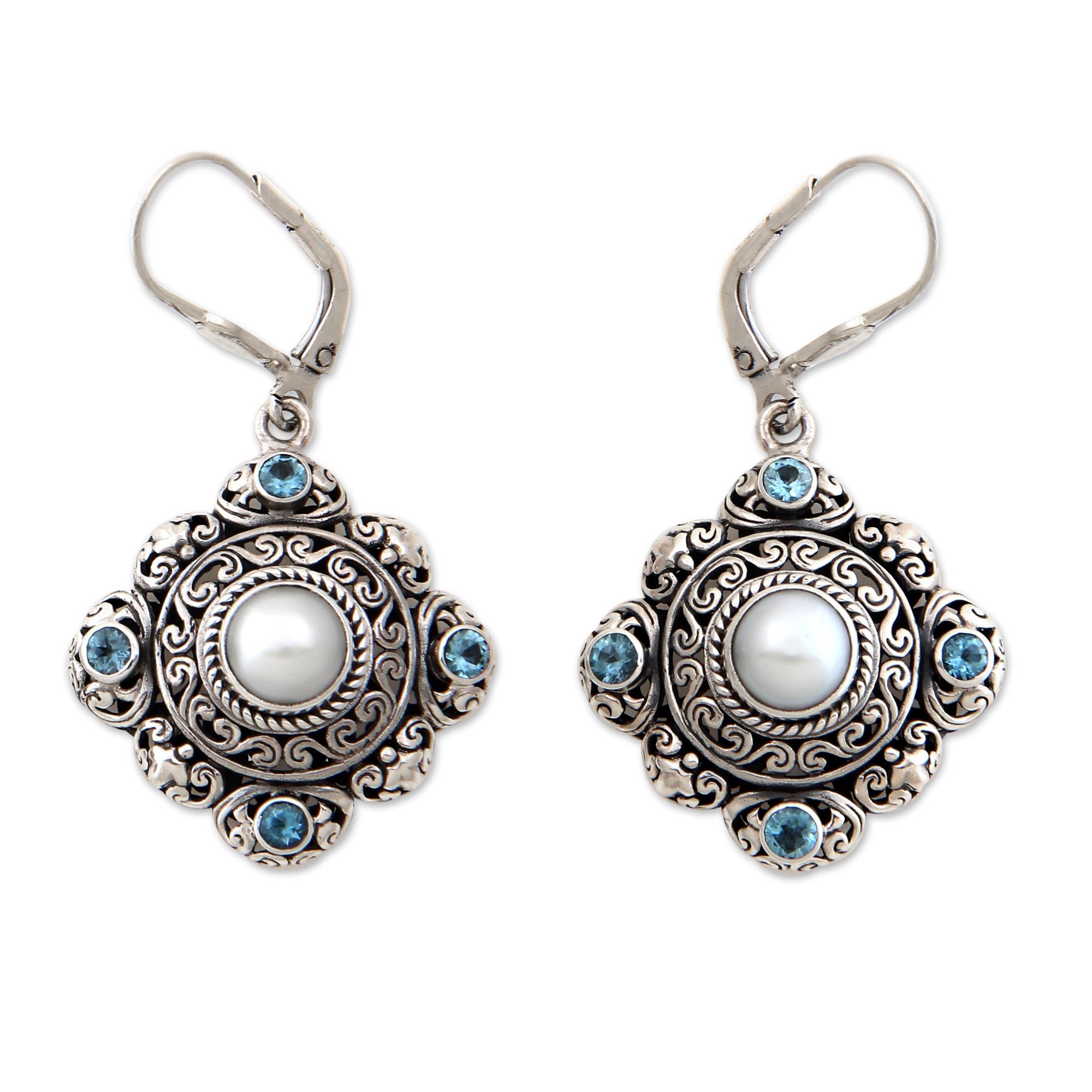 Premium Blue Topaz & Pearl Lever-Back Earrings