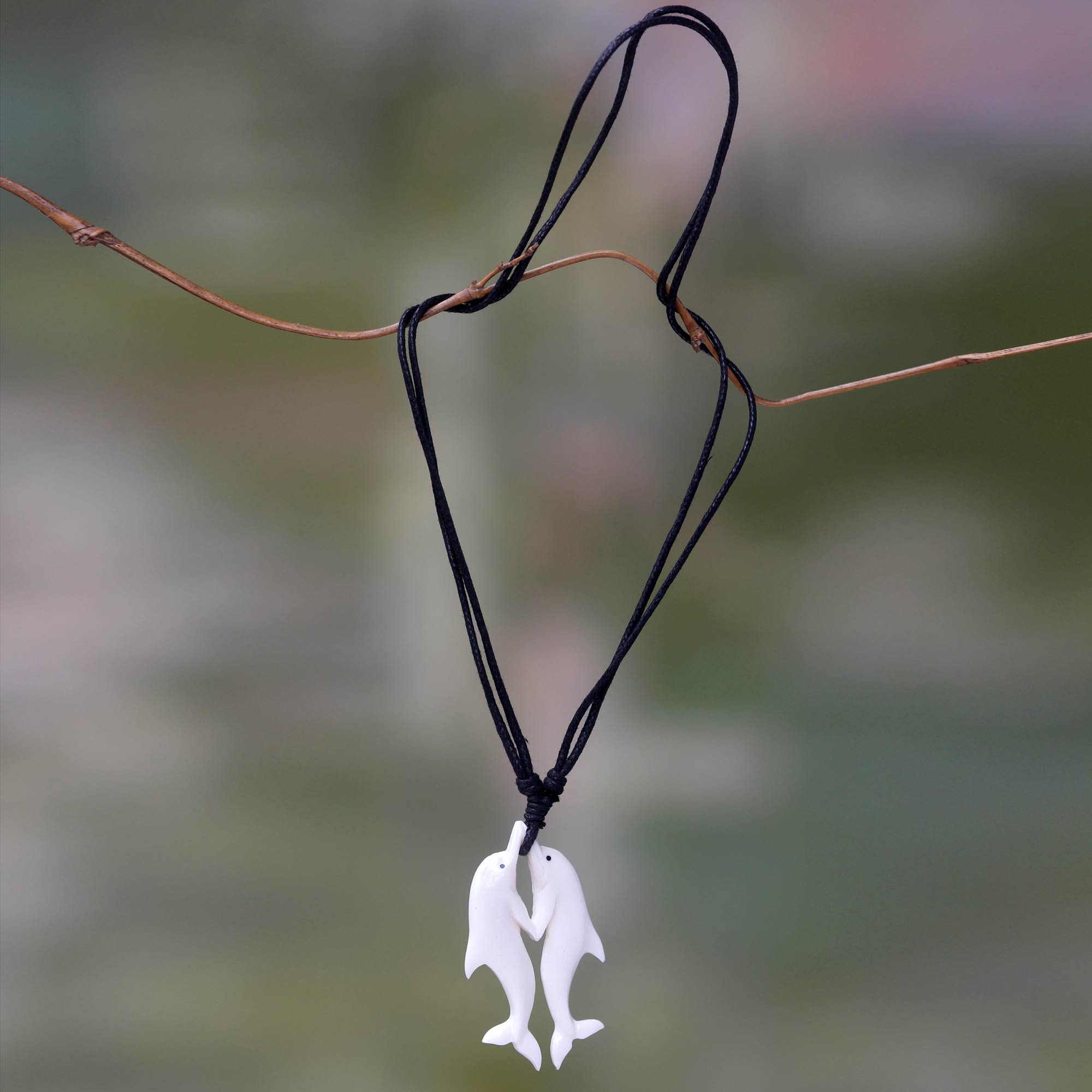 Premium Twin Dolphins Bone Pendant Necklace - Handmade in Indonesia