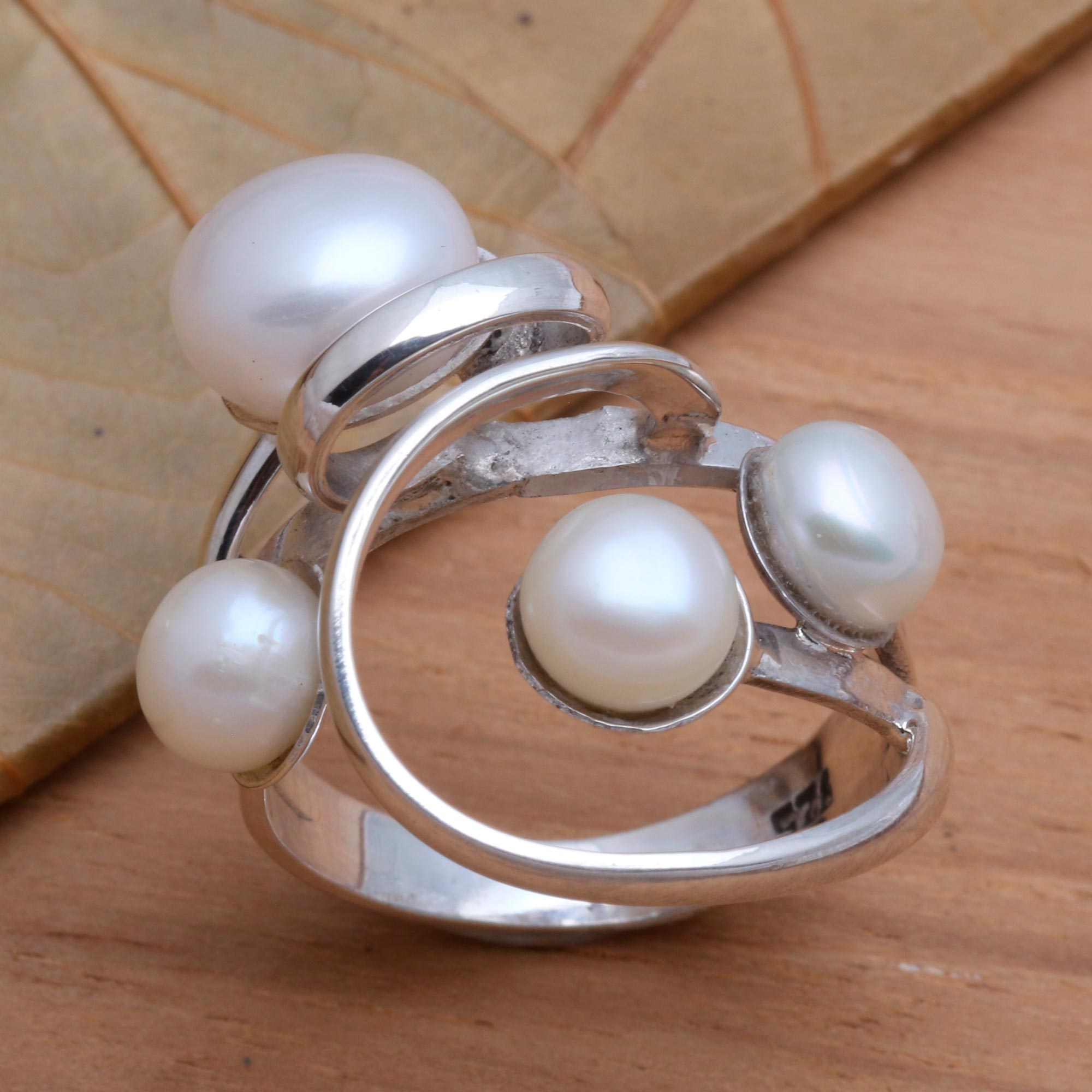 Premium Wave Crest Pearl Cocktail Ring – Elegant Sterling Silver Design